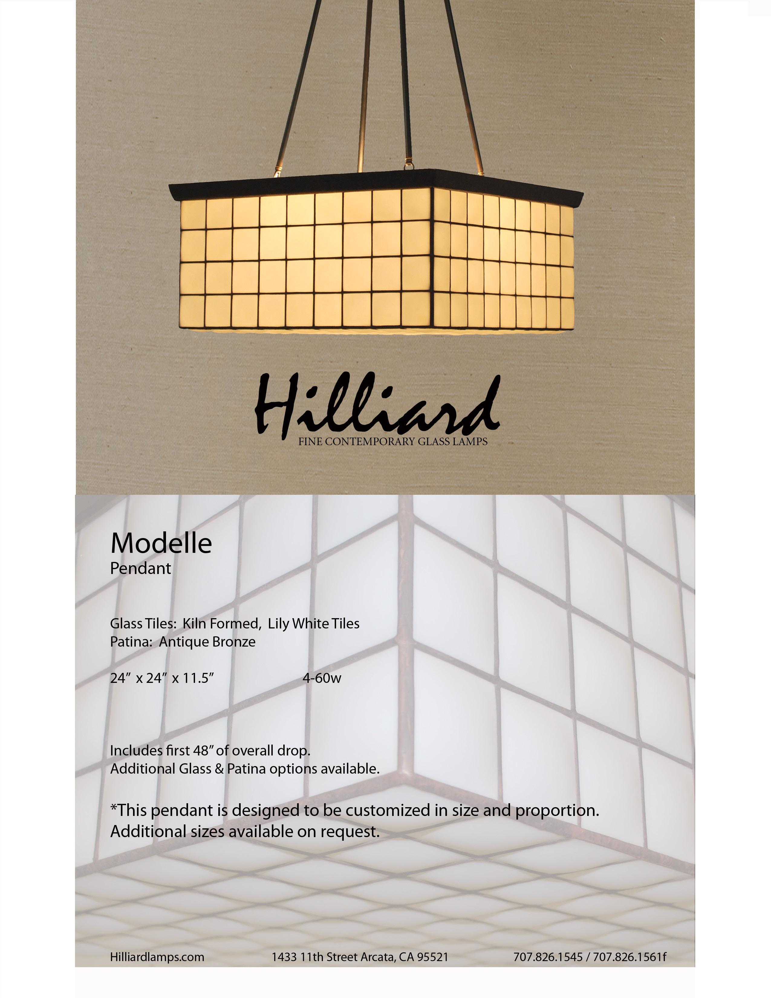 Modelle Pendant
Glass: Kiln Formed, Ivory Tiles
Patina: Antique Bronze
24” x 24” x 11.5”	4-60w
Includes first 48″ of overall drop.
UL Listed 120v  220v available
Title 24 JA8 Compliant upon request