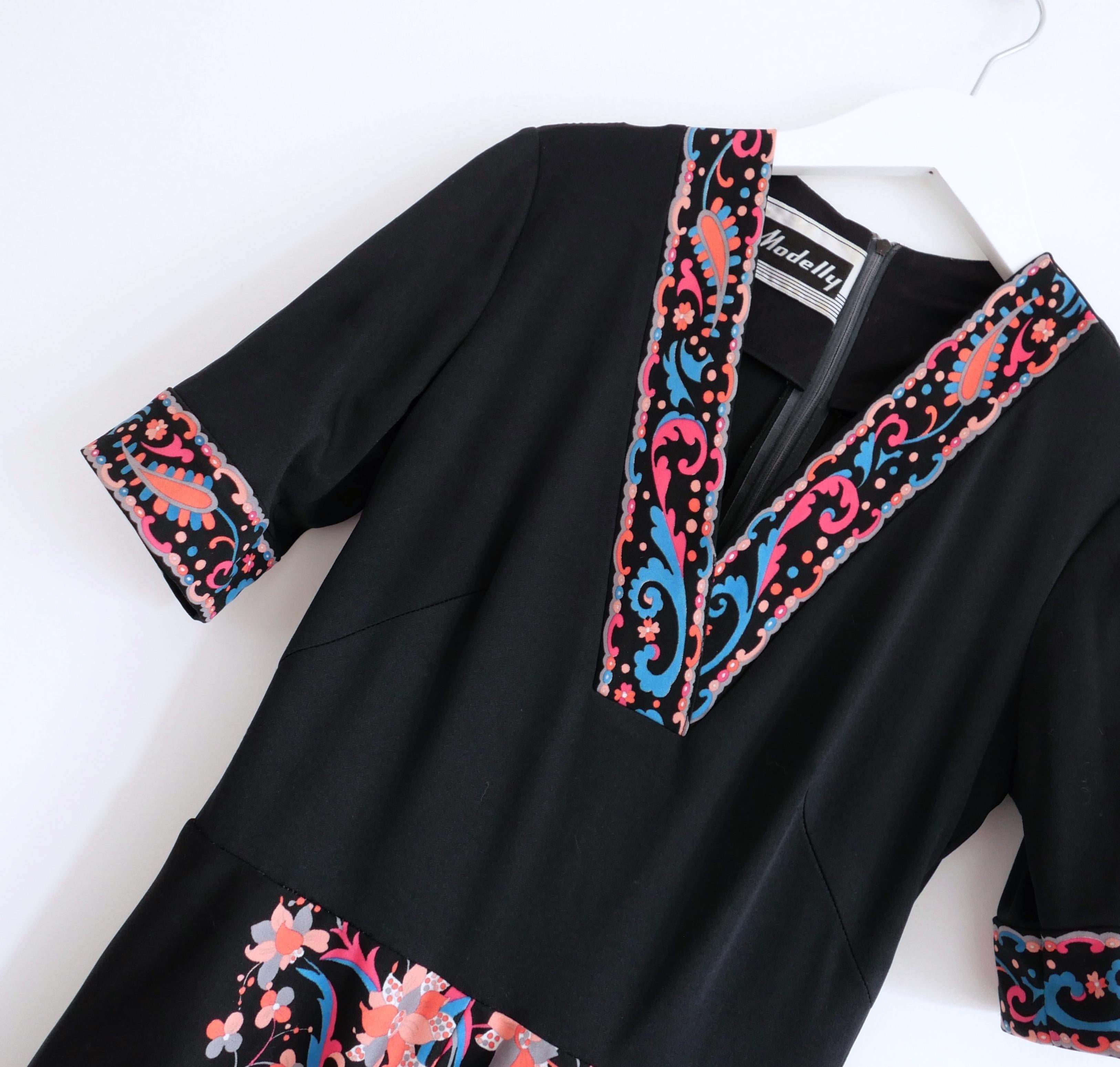Black Modelly Vintage 1970s Rococo Floral Print A-Line Skirt Midi Dress For Sale
