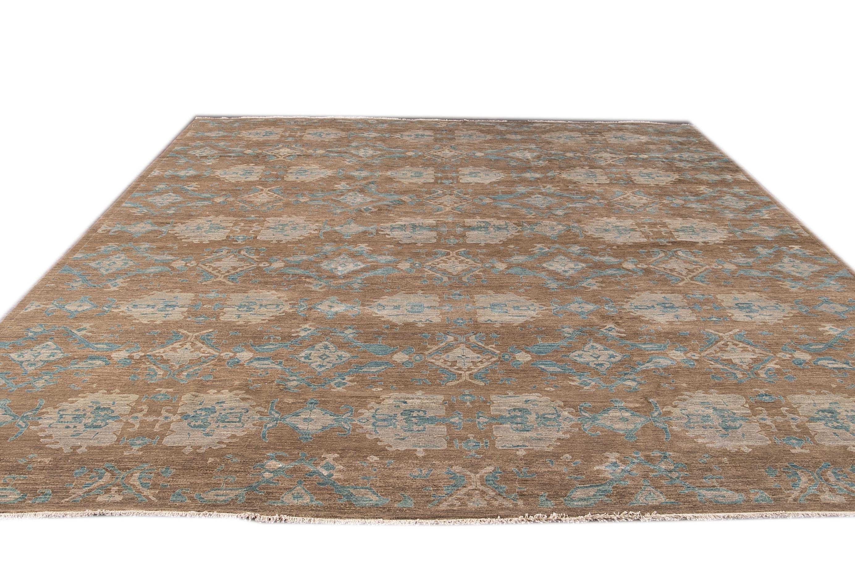 Hand-Knotted Modern Persian Tabriz Style Brown Handmade Geometric Oversize Wool Rug For Sale