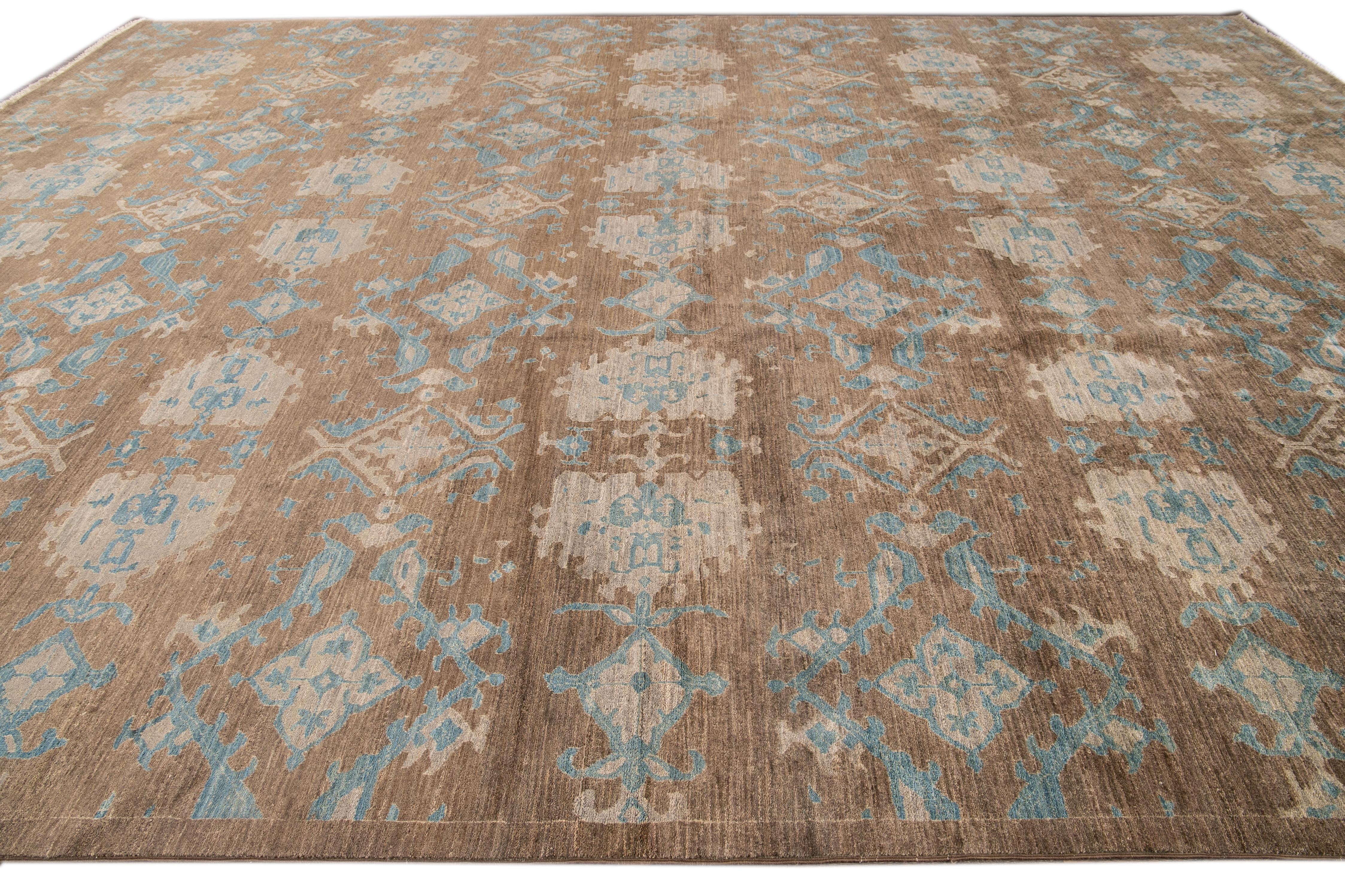 Modern Persian Tabriz Style Brown Handmade Geometric Oversize Wool Rug For Sale 1