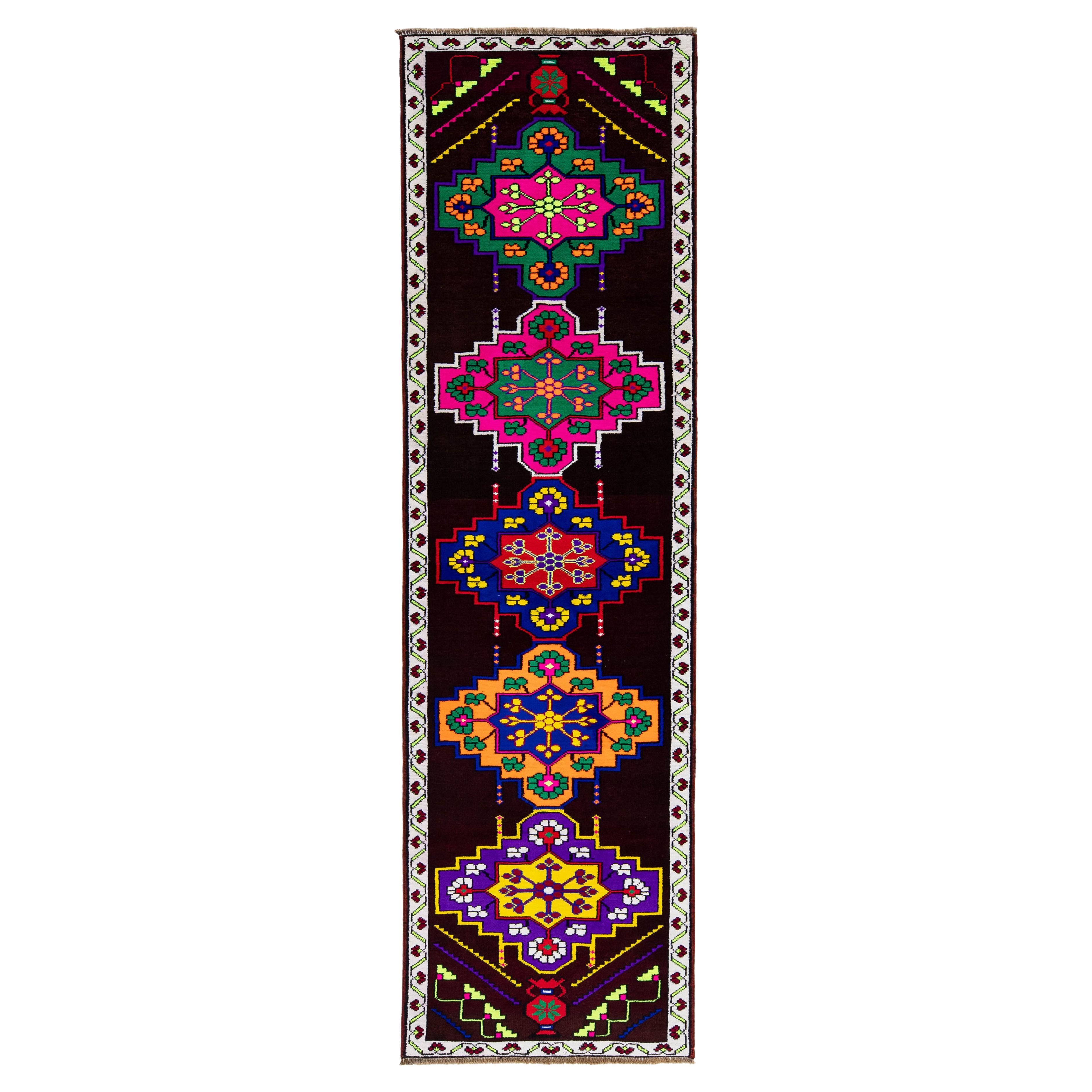 Moden Turkish Anatolian Kilim Runner - Vibrant Neon Floral Medallion Tribal For Sale