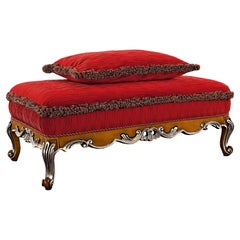 Modenese Luxury Bed Bench in Red Upholstery with Natural Finish and Silver Leaf
