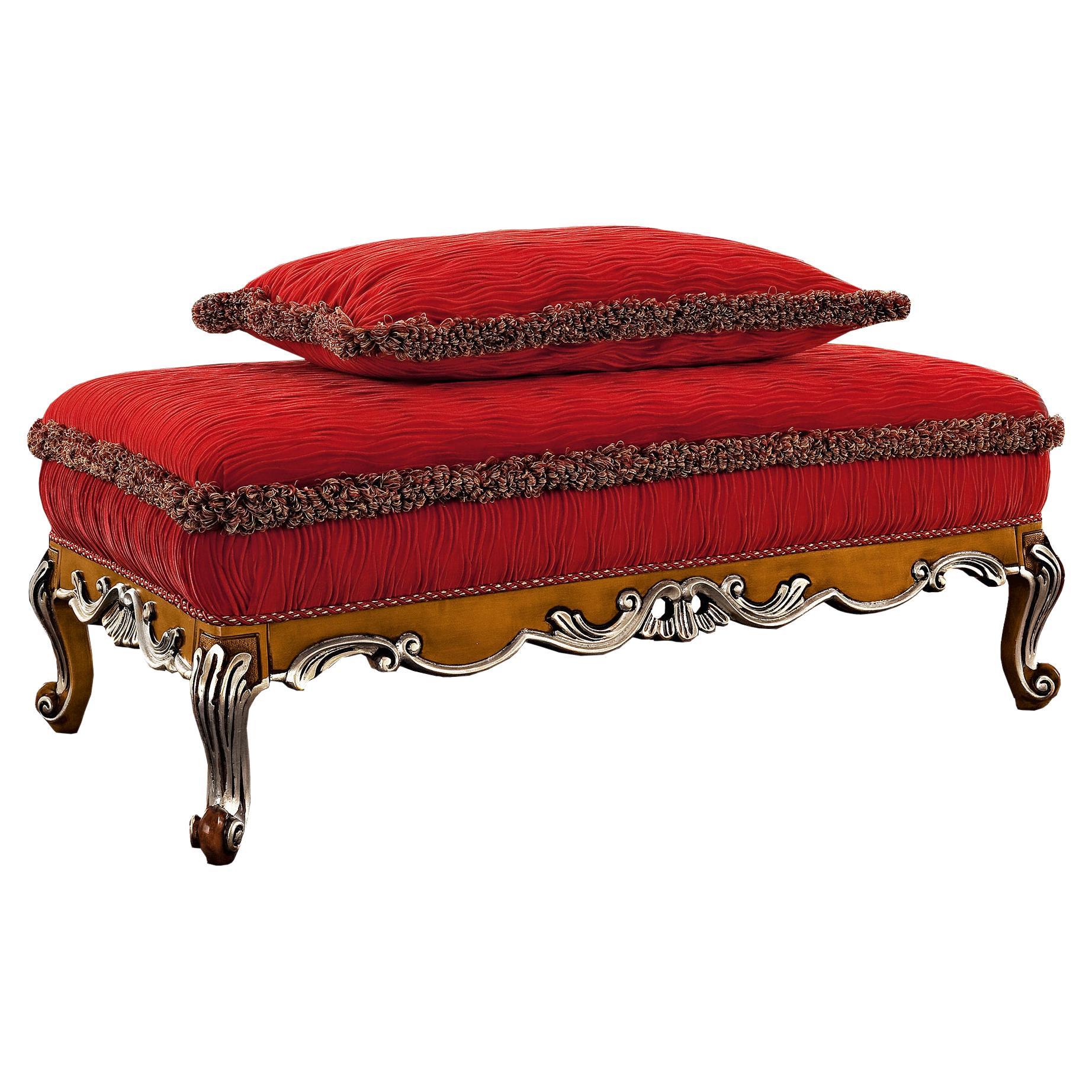 Modenese Luxury Bed Bench in Red Upholstery with Natural Finish and Silver Leaf For Sale