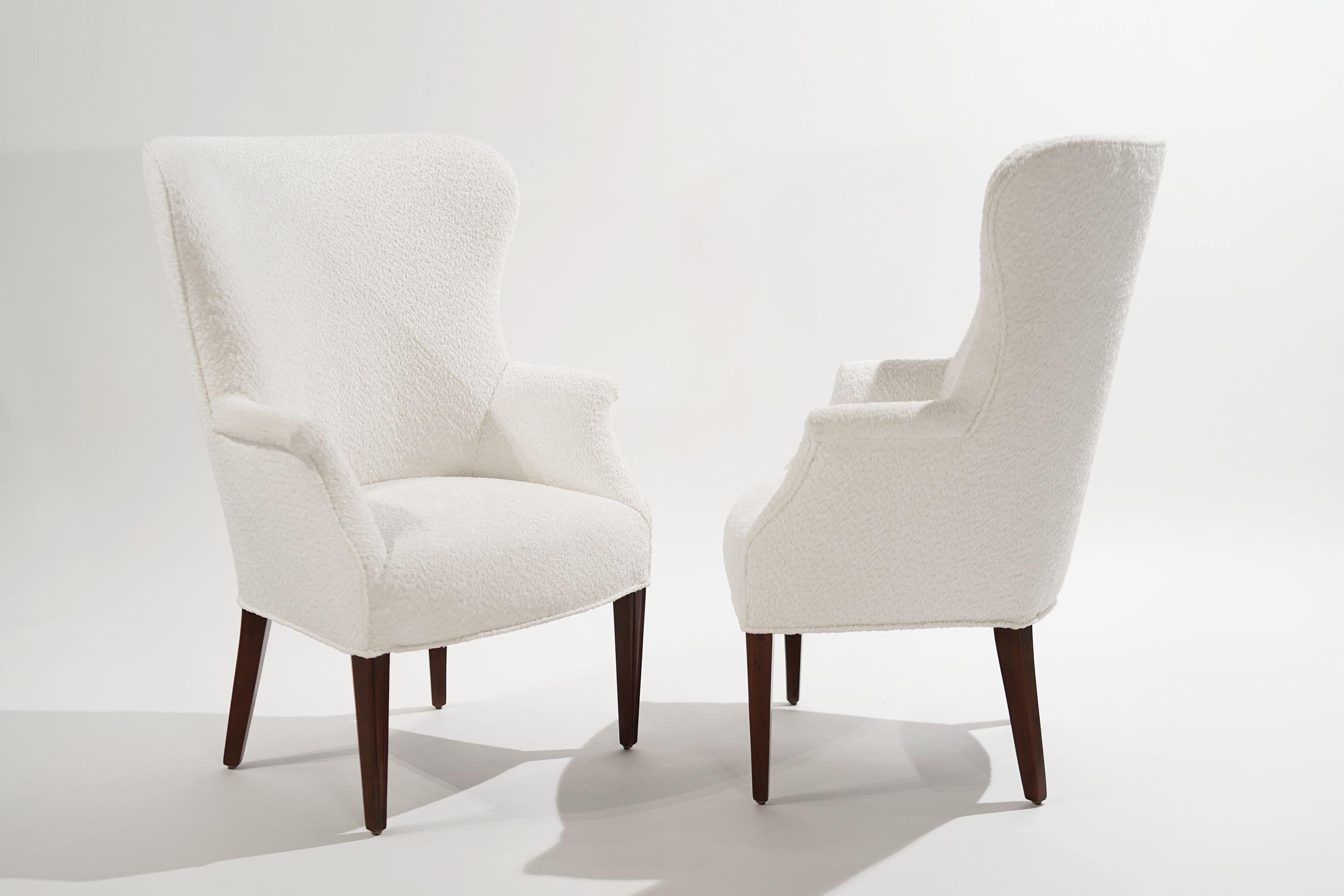 Set of Mid-Century Modern wingback chairs in the style of Edward Wormley, circa 1950s. Completely restored and reupholstered in Italian bouclé.

Other designers from this period include Paul McCobb, Vladimir Kagan, Hans Wegner, Gio Ponti, and T.H.