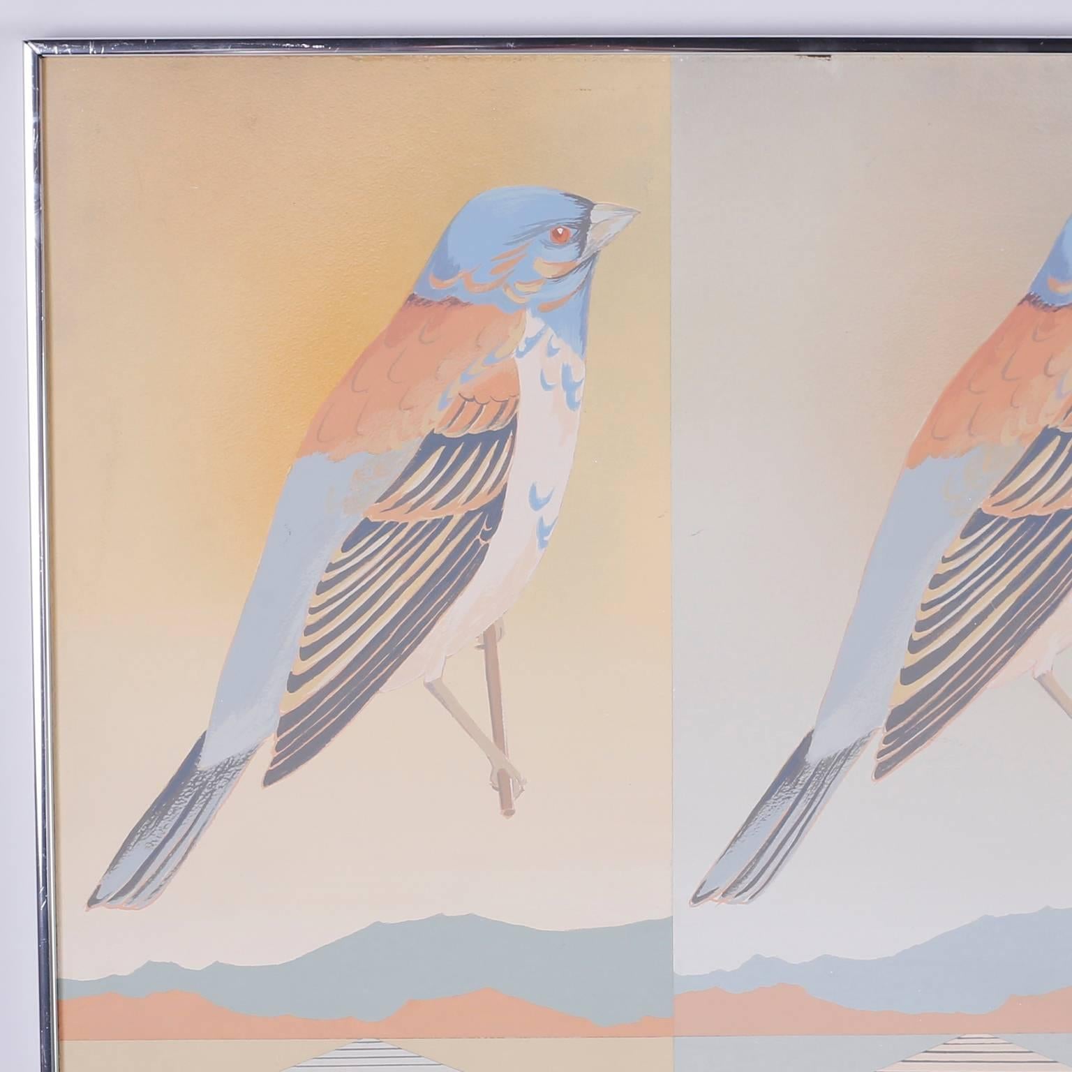 Pintura acrílica de mediados de siglo sobre tabla, con una paleta suave y relajante. Con una imagen repetida en estilo pop y ejecutada con técnicas de pincel y aerógrafo. Firmado al dorso Alvena McCormick 77.