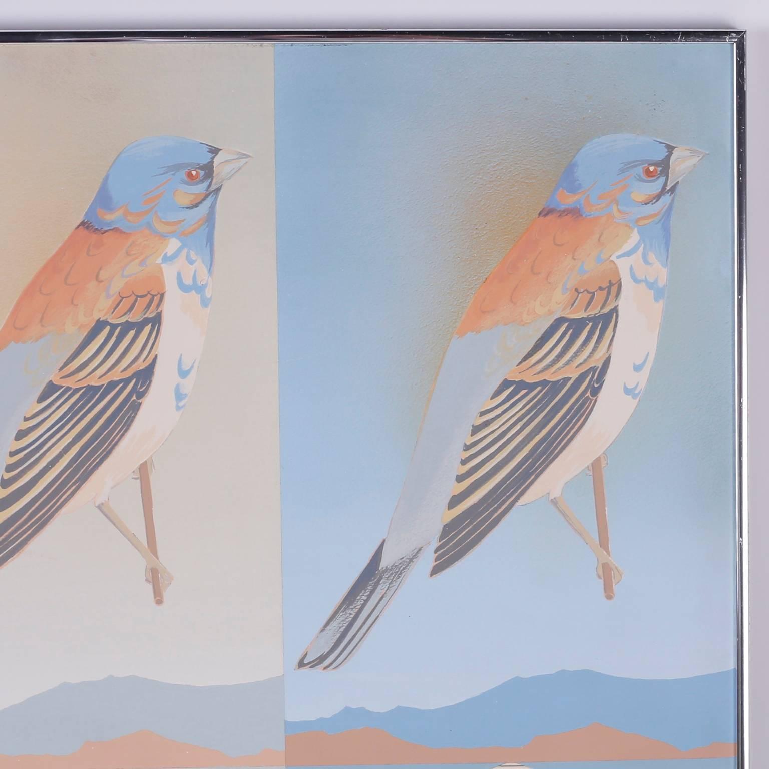 Modesistisches Acrylgemälde von Vögeln (Moderne der Mitte des Jahrhunderts) im Angebot