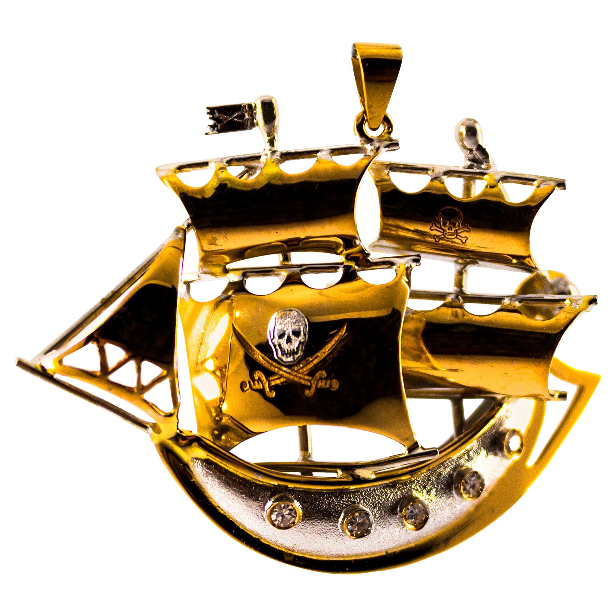 Modern 0.10 Carat White Diamond Yellow Gold "Pirate Ship" Pendant Necklace