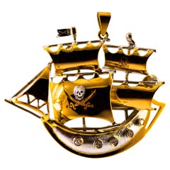 Modern 0.10 Carat White Diamond Yellow Gold "Pirate Ship" Pendant Necklace