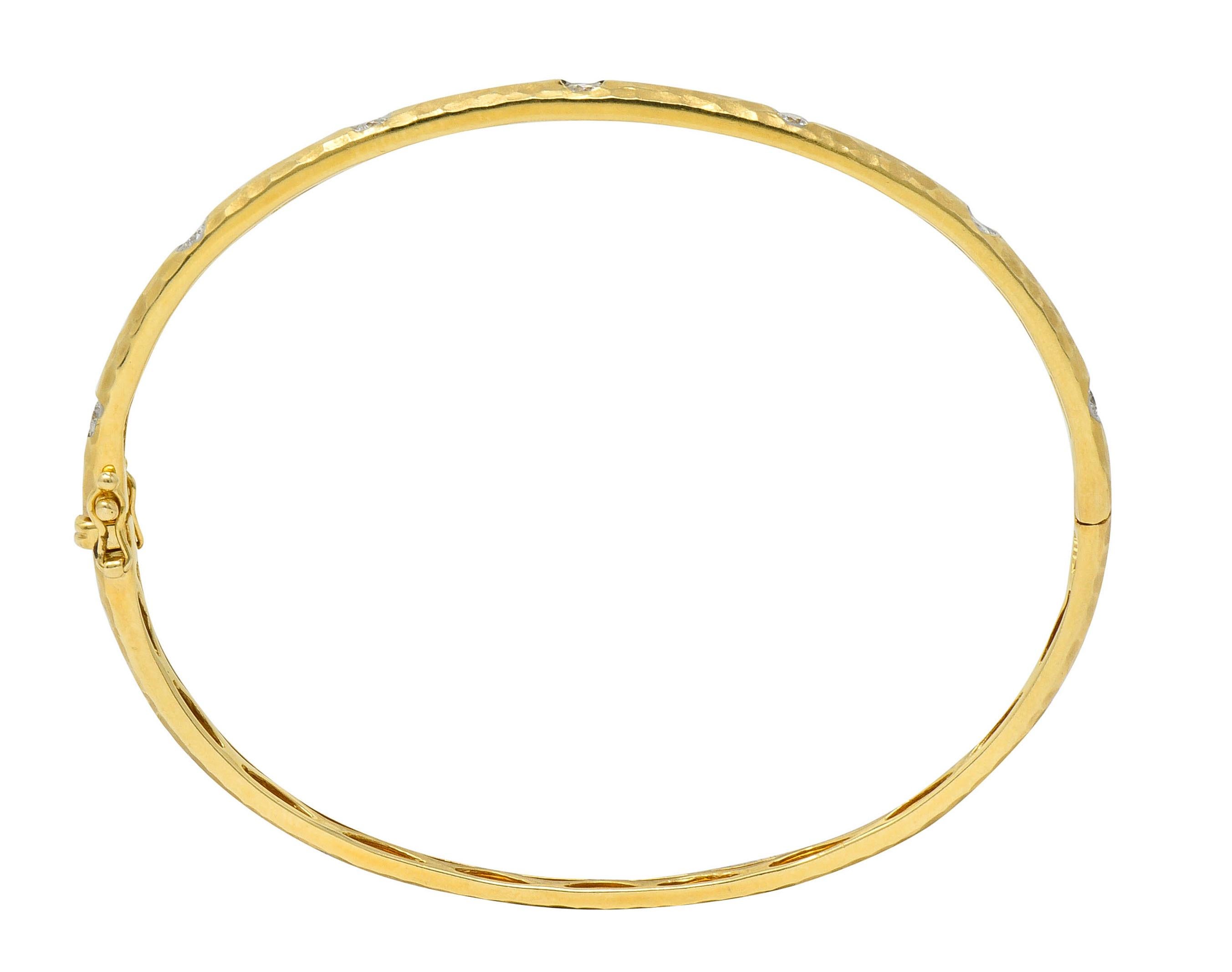 Women's or Men's Modern 0.42 Carat Diamond 14 Karat Hammered Gold Bangle Bracelet