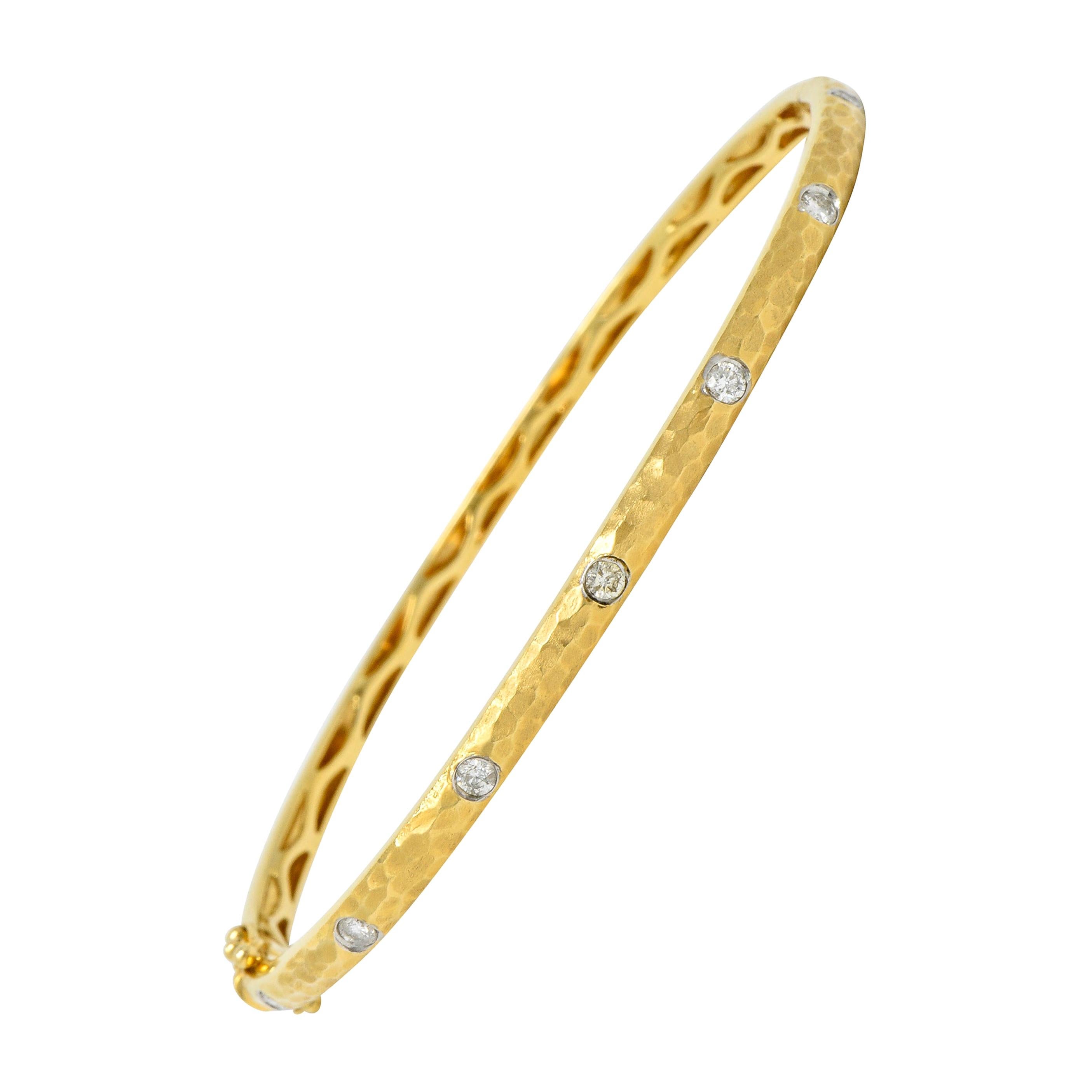 Modern 0.42 Carat Diamond 14 Karat Hammered Gold Bangle Bracelet