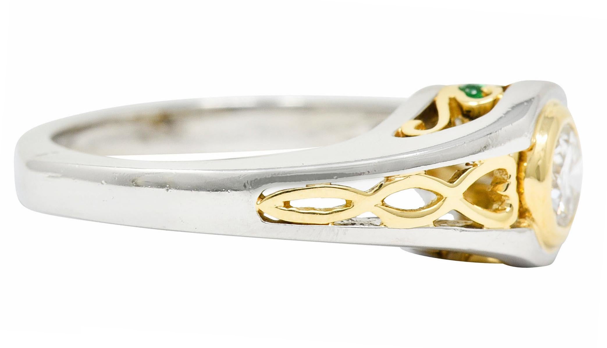 Contemporary Modern 0.54 Diamond Emerald Platinum 18 Karat Gold Engagement Ring For Sale