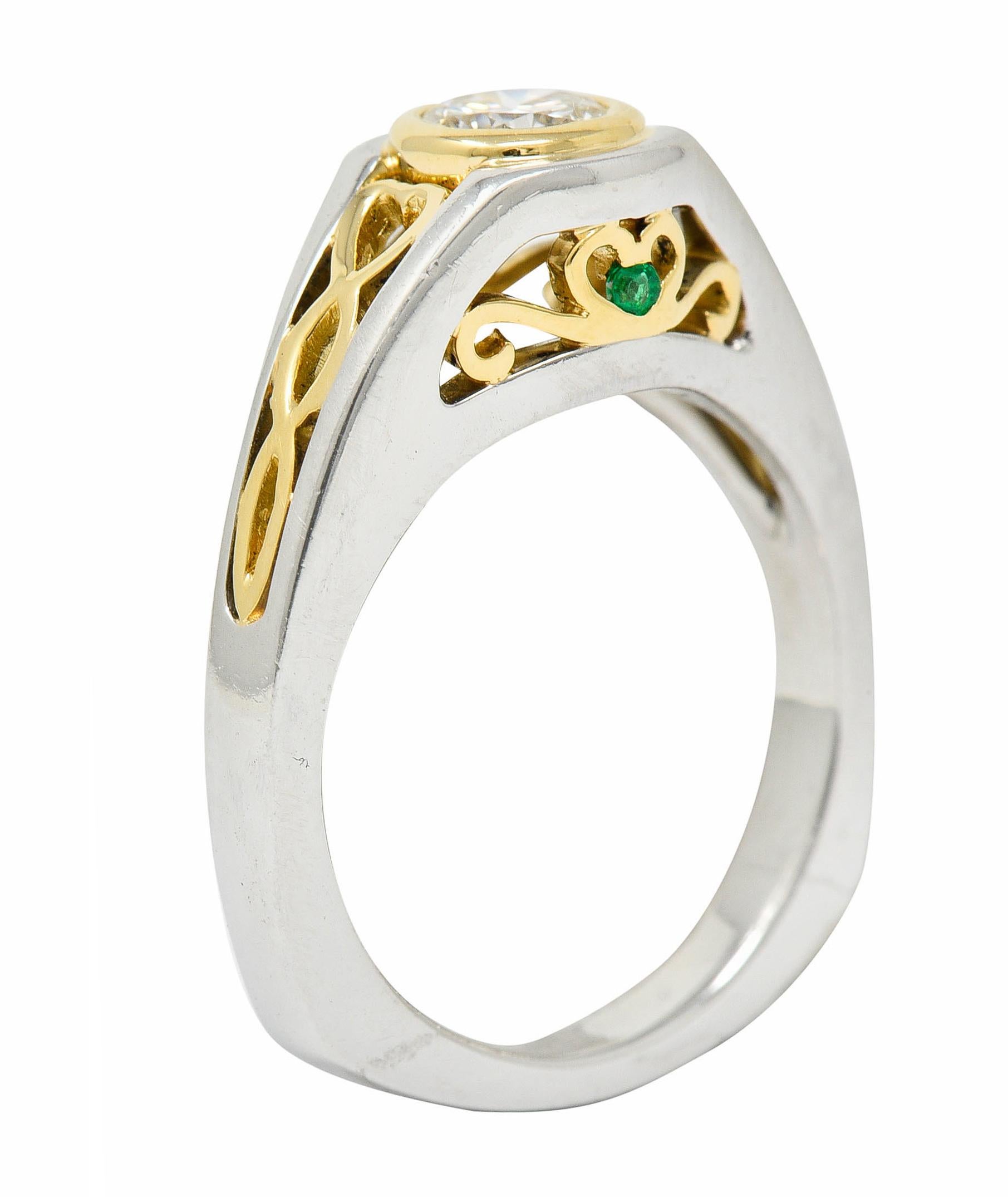 Modern 0.54 Diamond Emerald Platinum 18 Karat Gold Engagement Ring For Sale 3