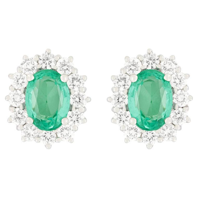 Modern 0.60ct Emerald and Diamond Cluster Earrings