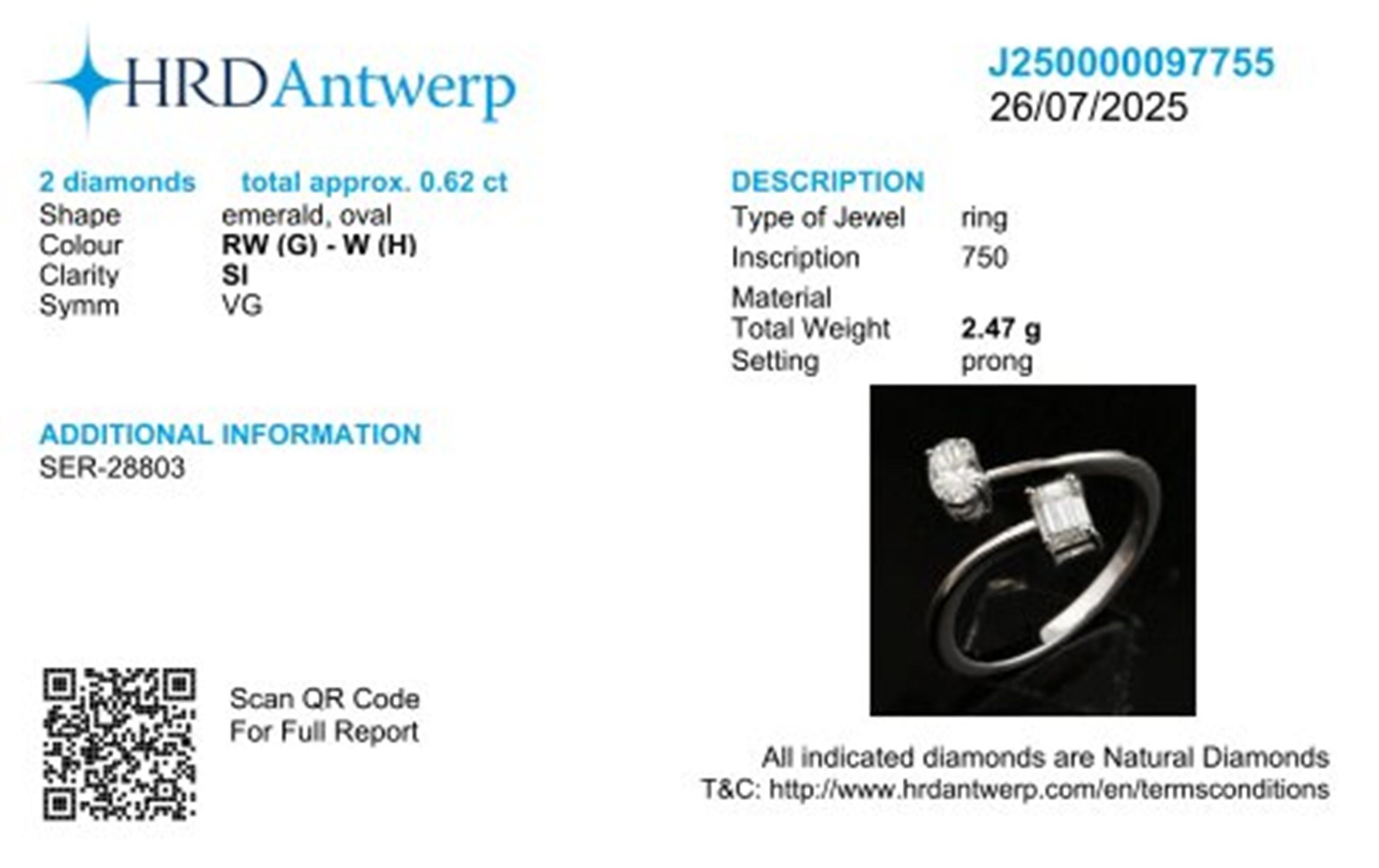 For Sale:  Modern 0.62 Carat SI/H Diamond 18k Solid White Gold Open Ring HRD Certified 3