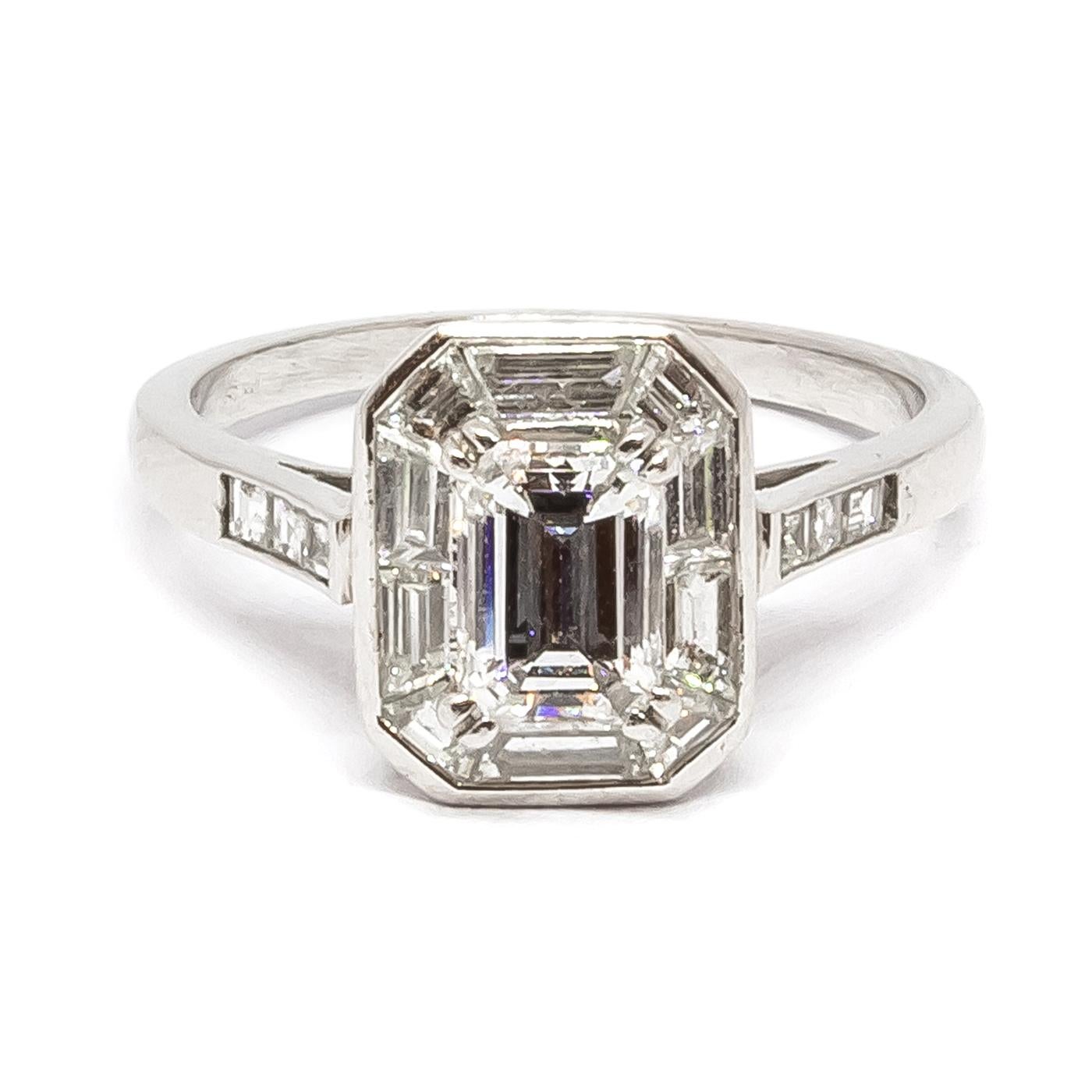 Emerald Cut Modern Emerald-Cut Diamond and Platinum Mitre Set Ring, 0.72 Carats For Sale