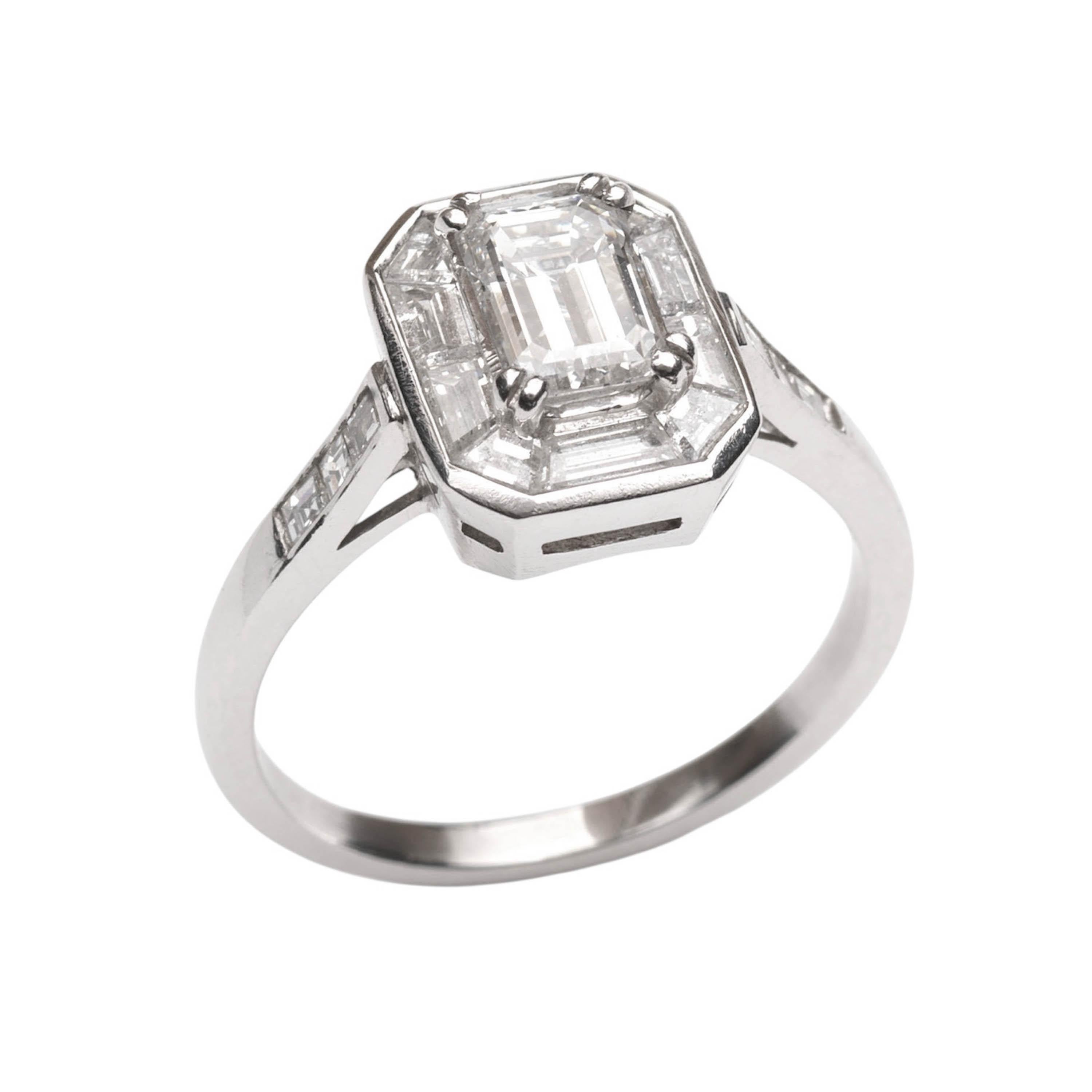 Women's Modern Emerald-Cut Diamond and Platinum Mitre Set Ring, 0.72 Carats For Sale