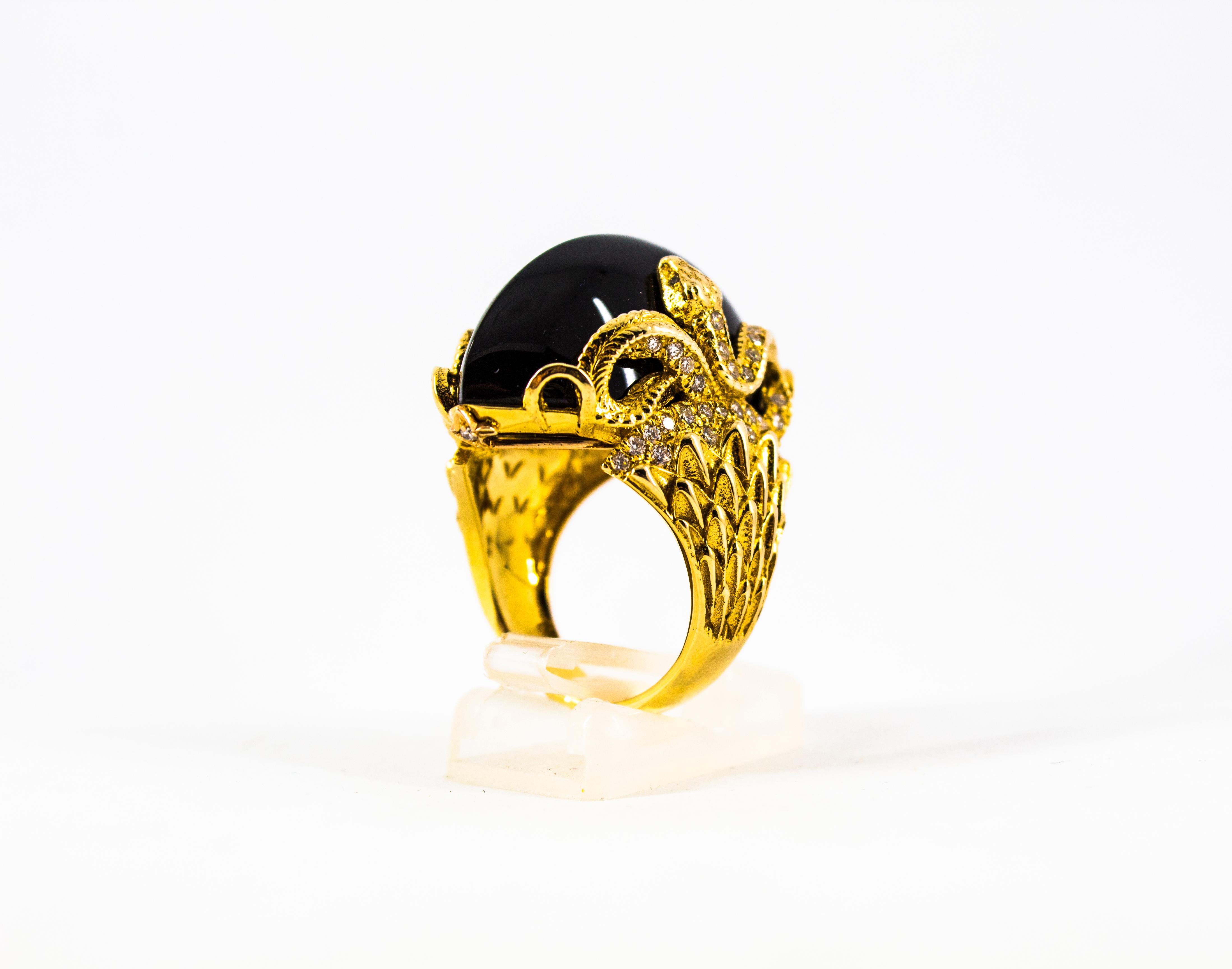 Modern 0.76 Carat White Diamond 36.25 Carat Onyx Yellow Gold Cocktail Snake Ring For Sale 6