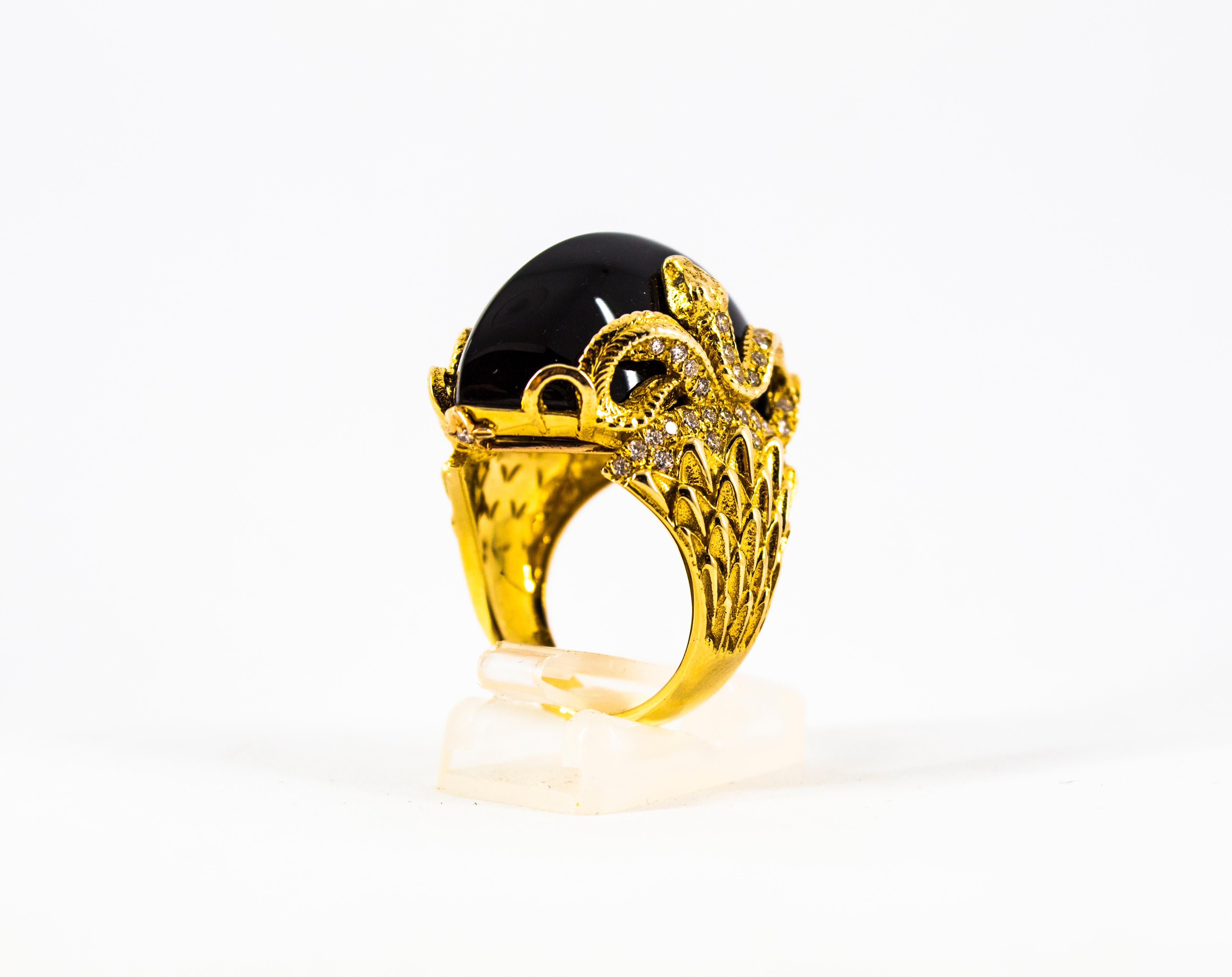 Modern 0.76 Carat White Diamond 36.25 Carat Onyx Yellow Gold Cocktail Snake Ring For Sale 7
