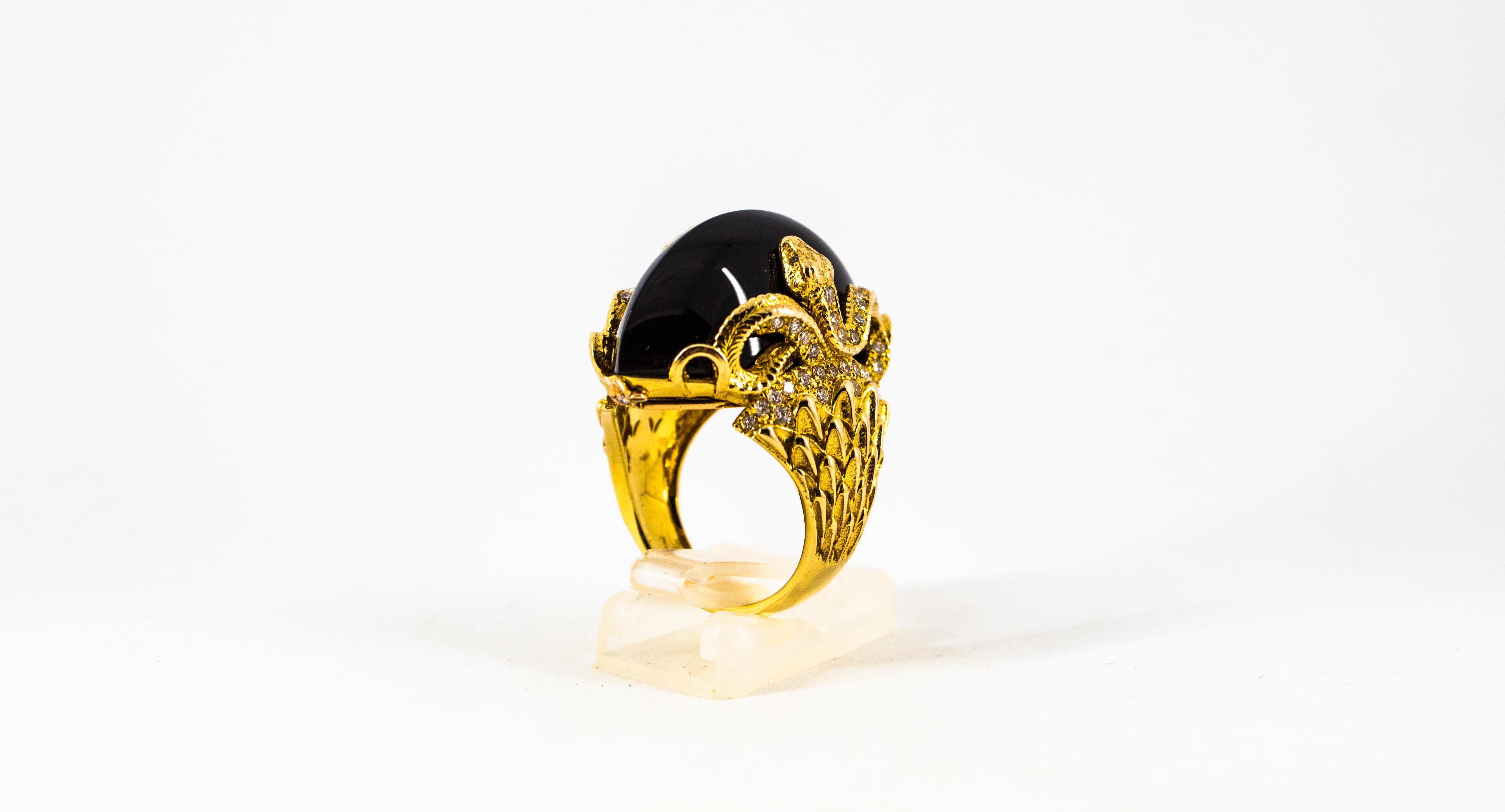 Modern 0.76 Carat White Diamond 36.25 Carat Onyx Yellow Gold Cocktail Snake Ring For Sale 8
