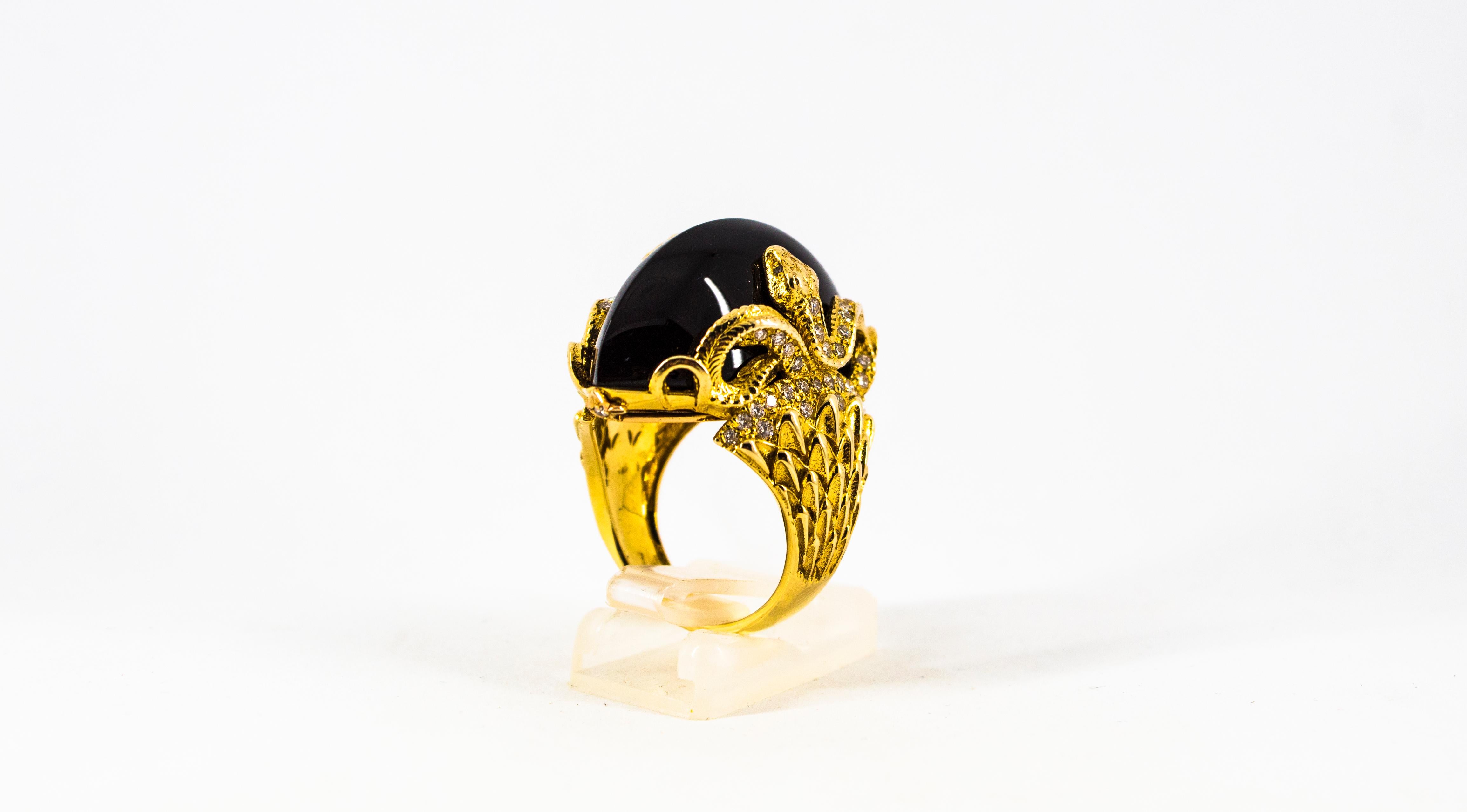 Modern 0.76 Carat White Diamond 36.25 Carat Onyx Yellow Gold Cocktail Snake Ring For Sale 9