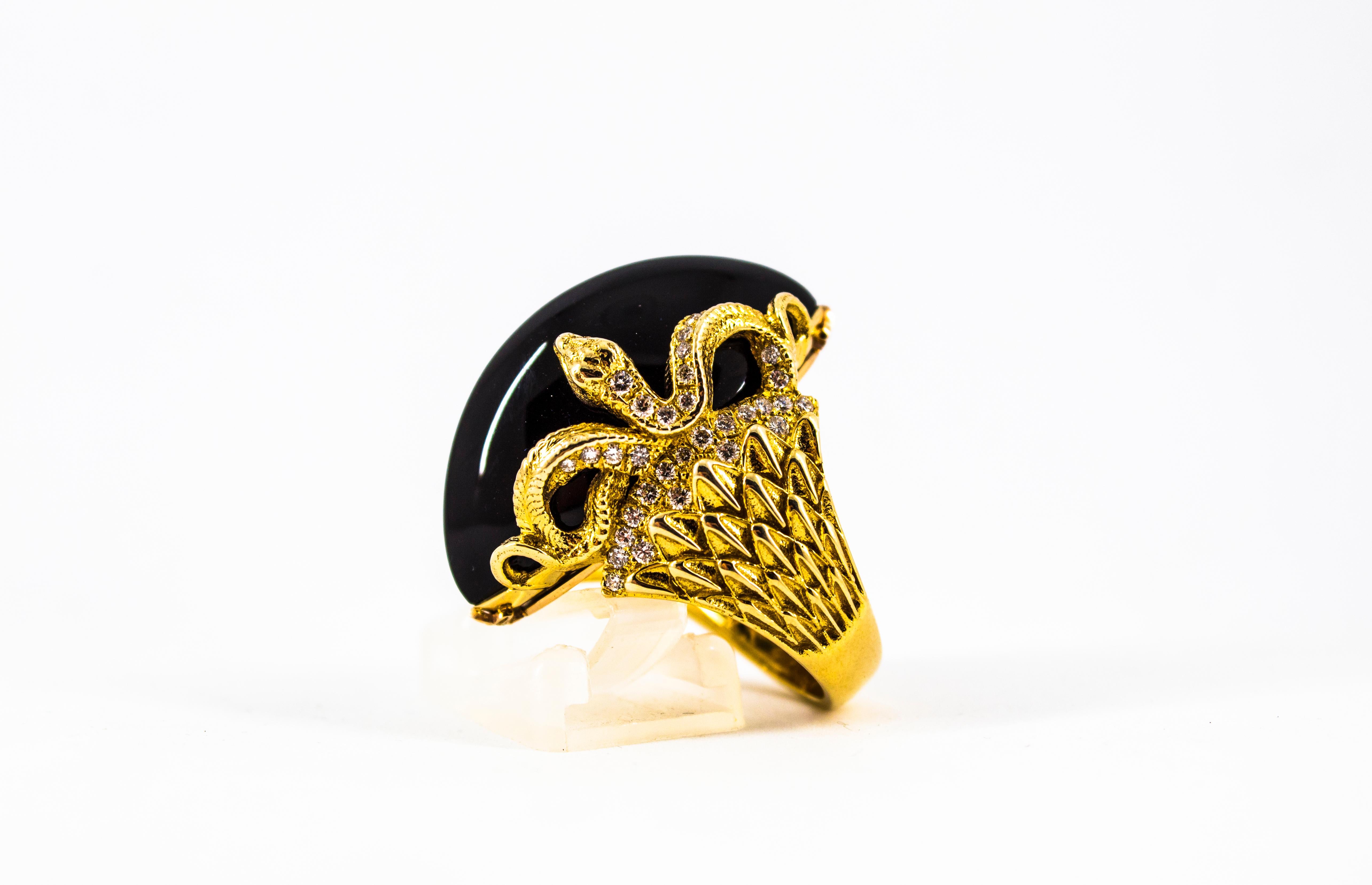 Modern 0.76 Carat White Diamond 36.25 Carat Onyx Yellow Gold Cocktail Snake Ring For Sale 10