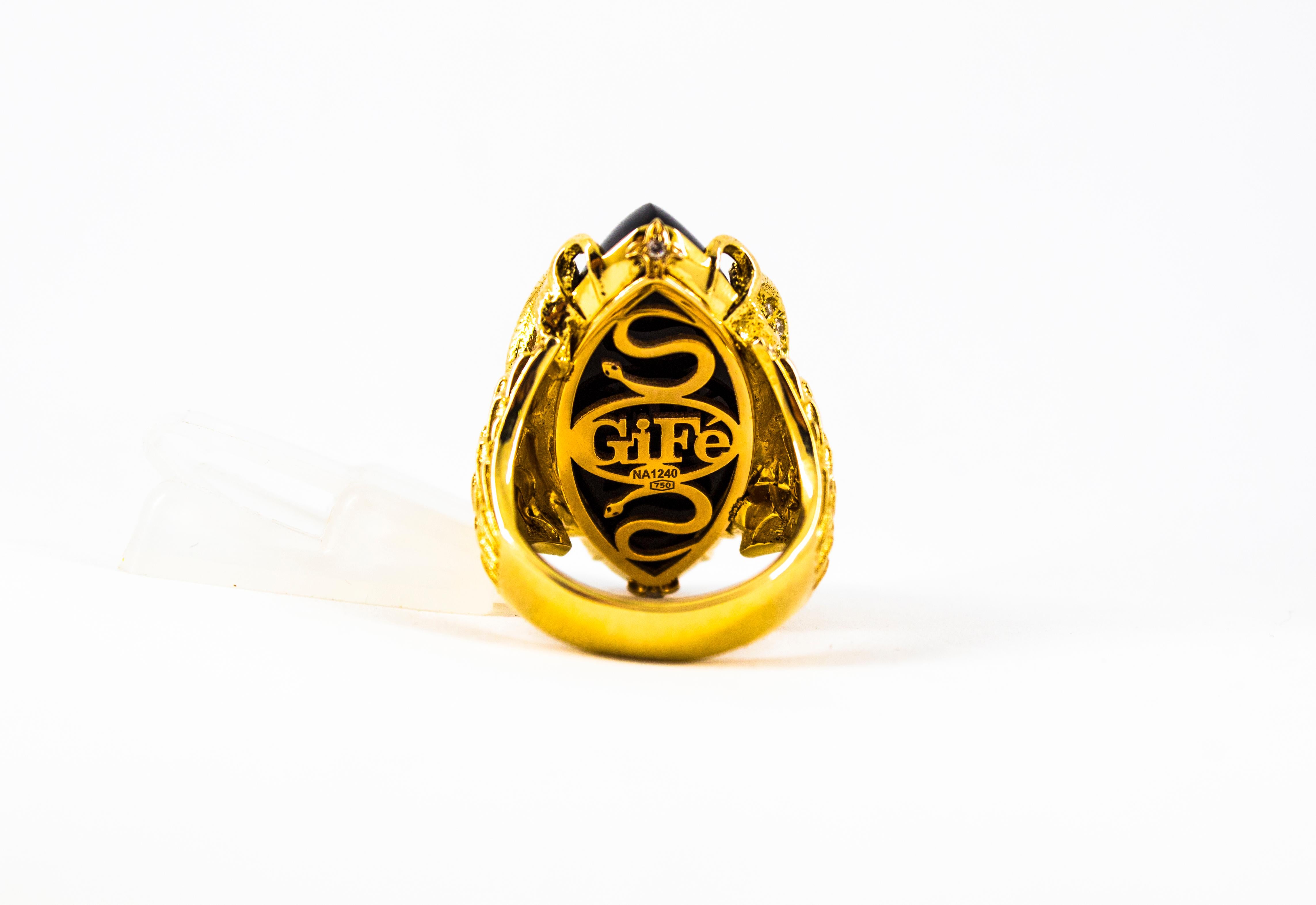 Modern 0.76 Carat White Diamond 36.25 Carat Onyx Yellow Gold Cocktail Snake Ring For Sale 12