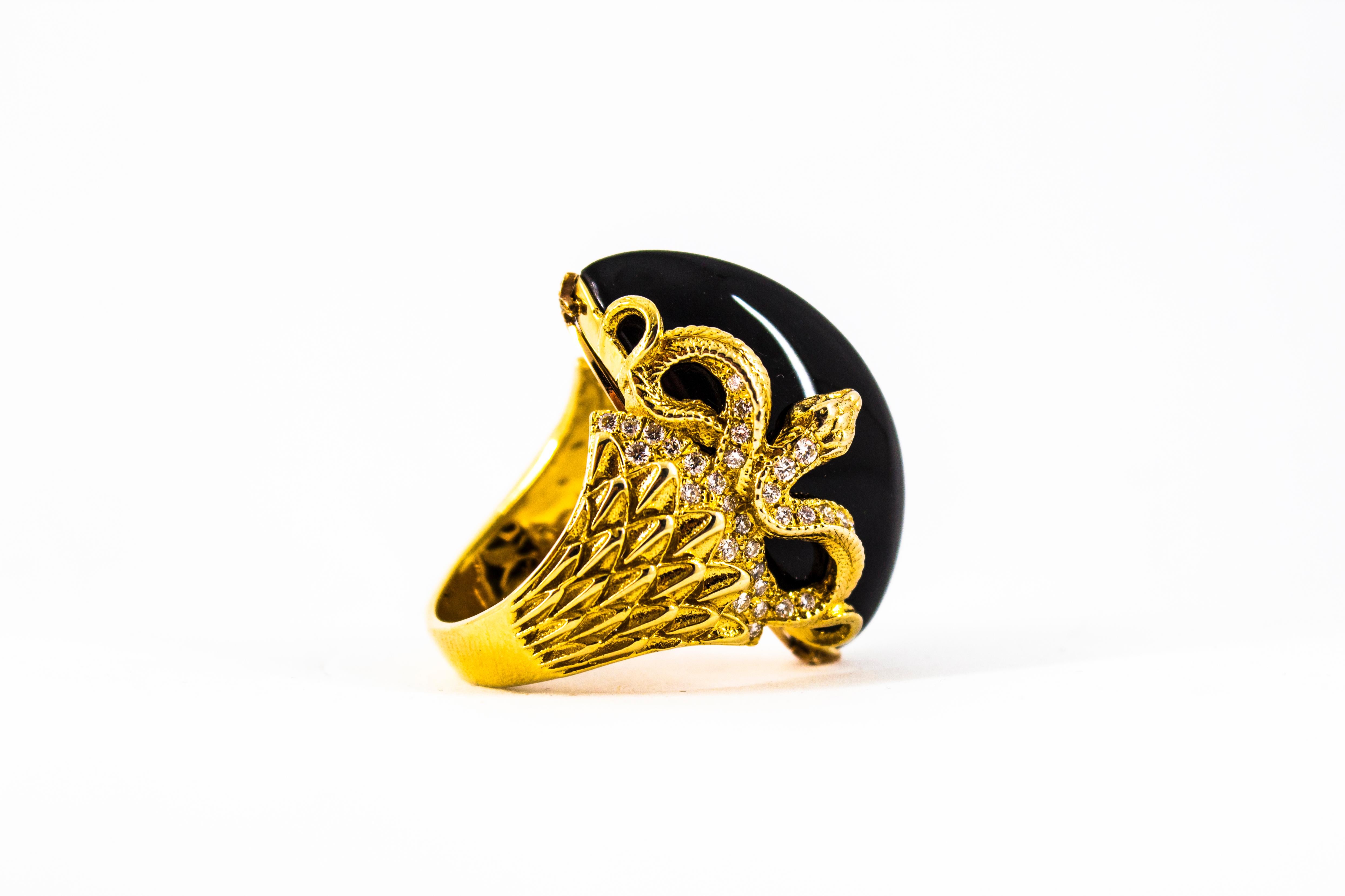 Modern 0.76 Carat White Diamond 36.25 Carat Onyx Yellow Gold Cocktail Snake Ring For Sale 14