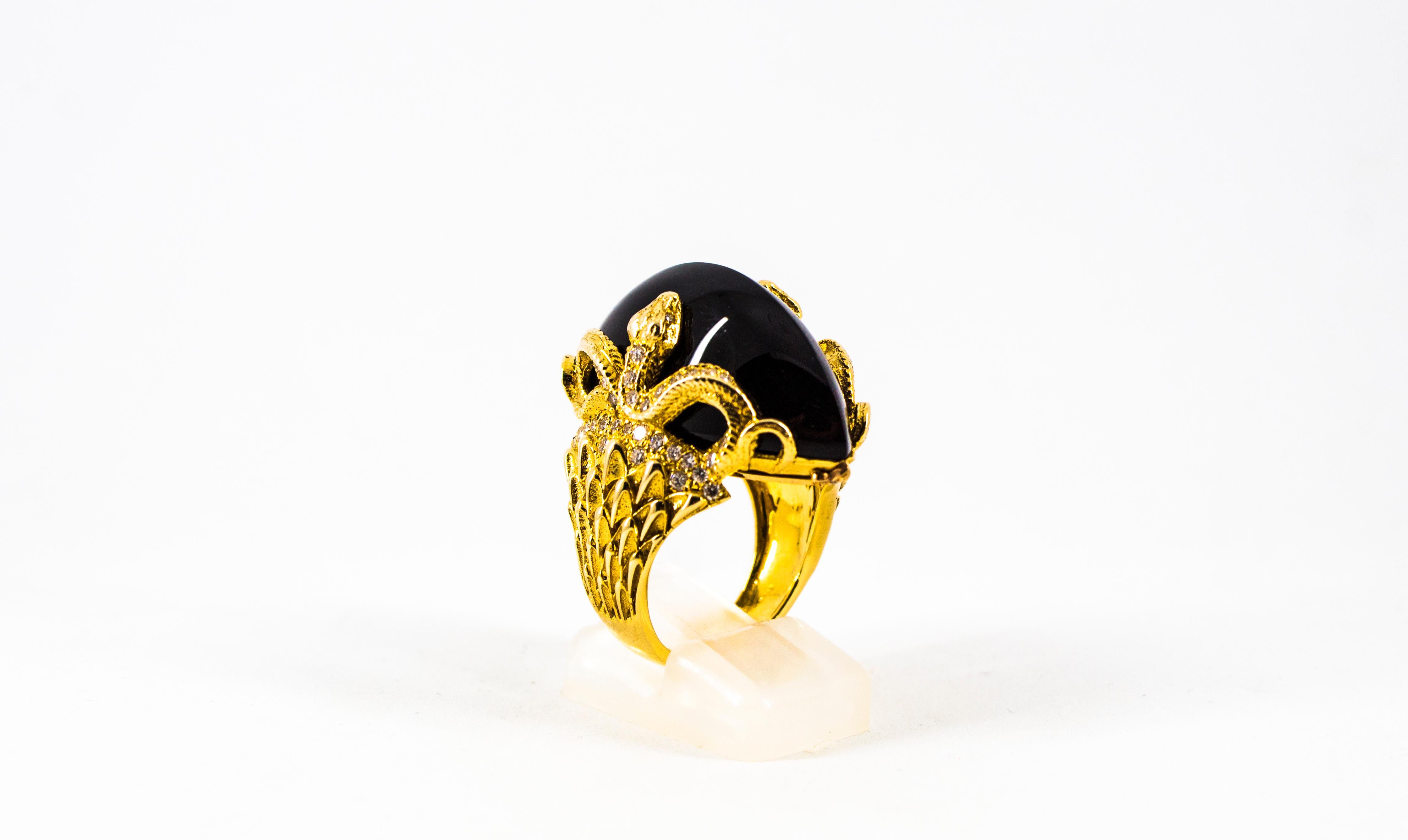 Modern 0.76 Carat White Diamond 36.25 Carat Onyx Yellow Gold Cocktail Snake Ring In New Condition For Sale In Naples, IT