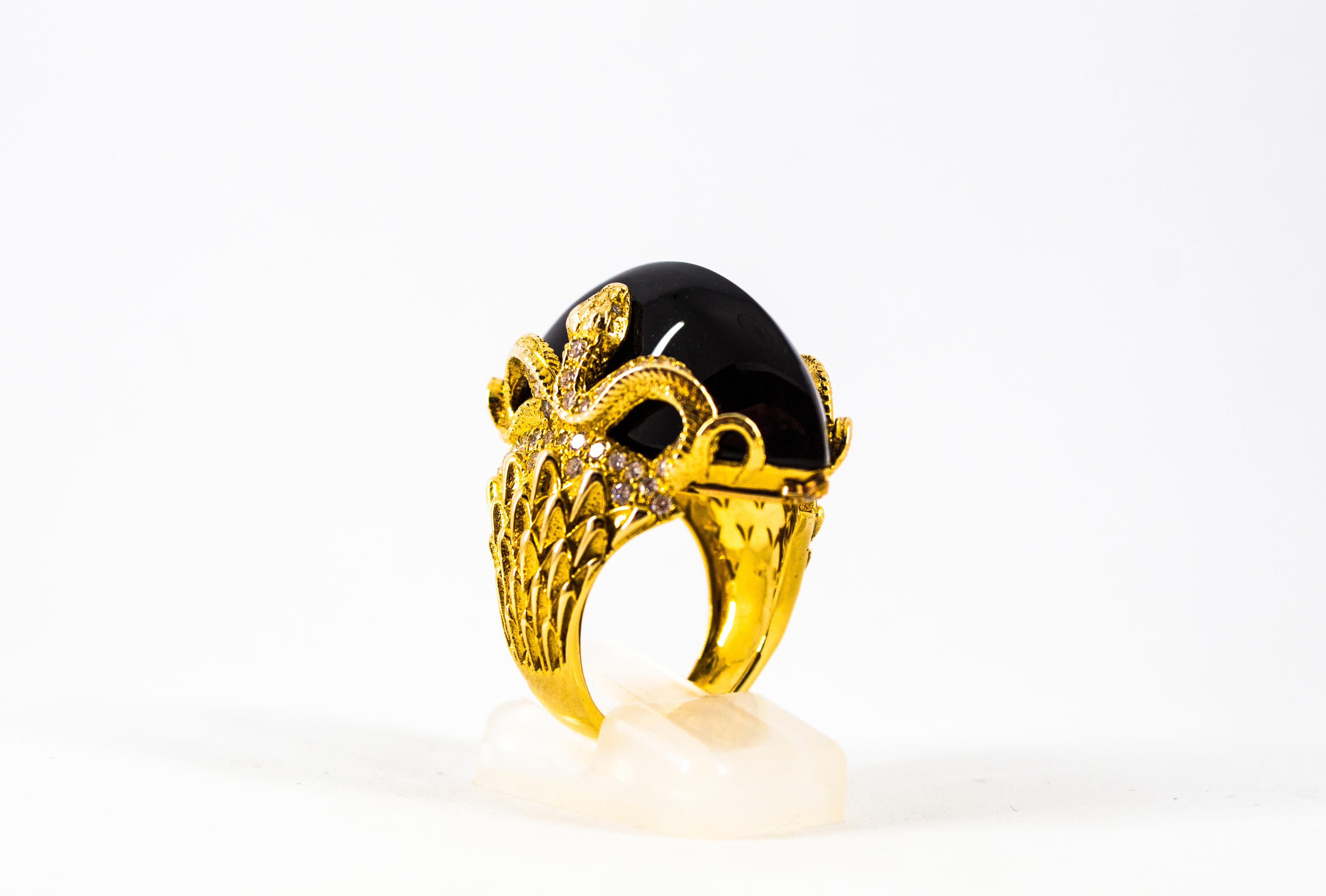 Women's or Men's Modern 0.76 Carat White Diamond 36.25 Carat Onyx Yellow Gold Cocktail Snake Ring For Sale