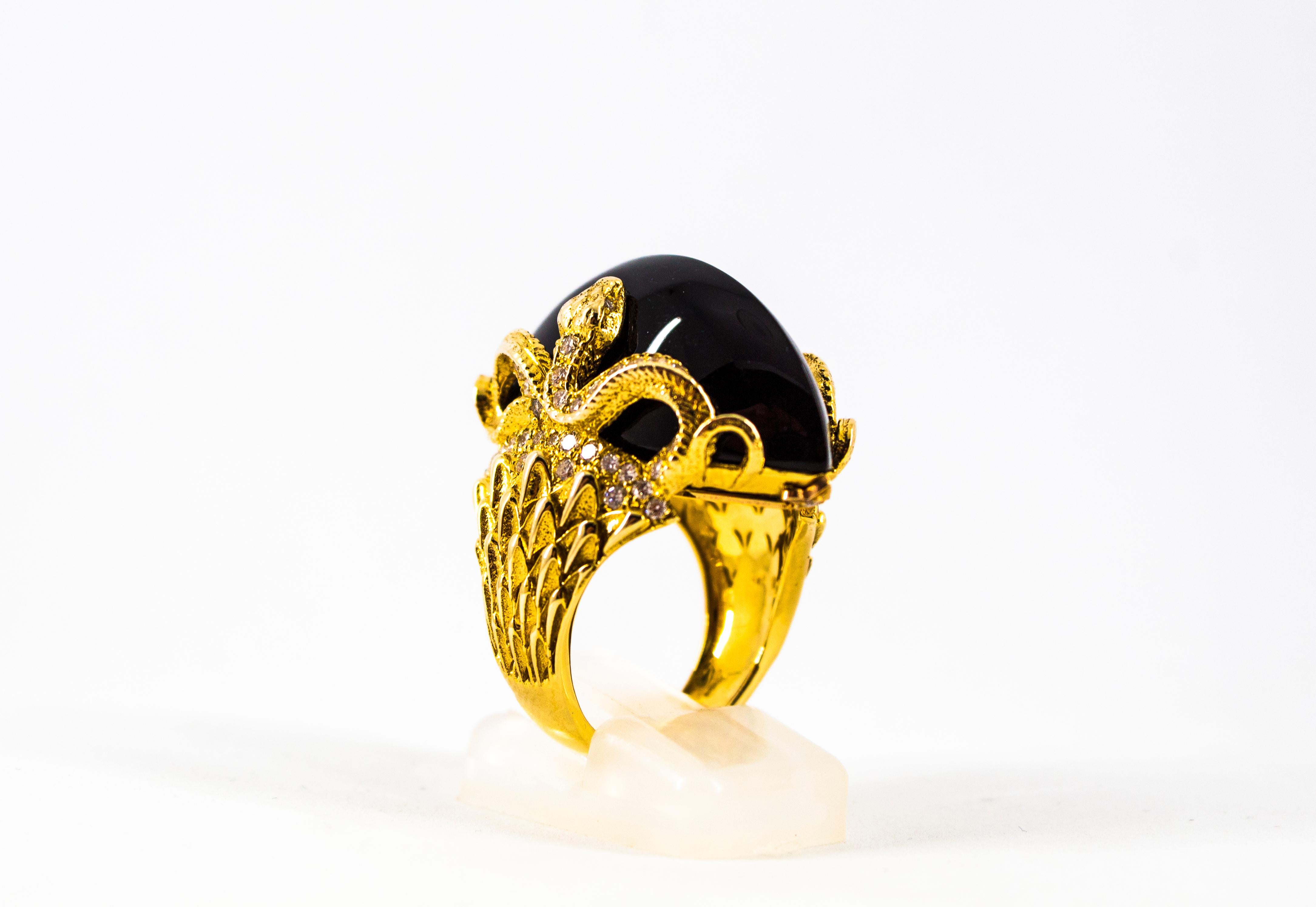 Modern 0.76 Carat White Diamond 36.25 Carat Onyx Yellow Gold Cocktail Snake Ring For Sale 1