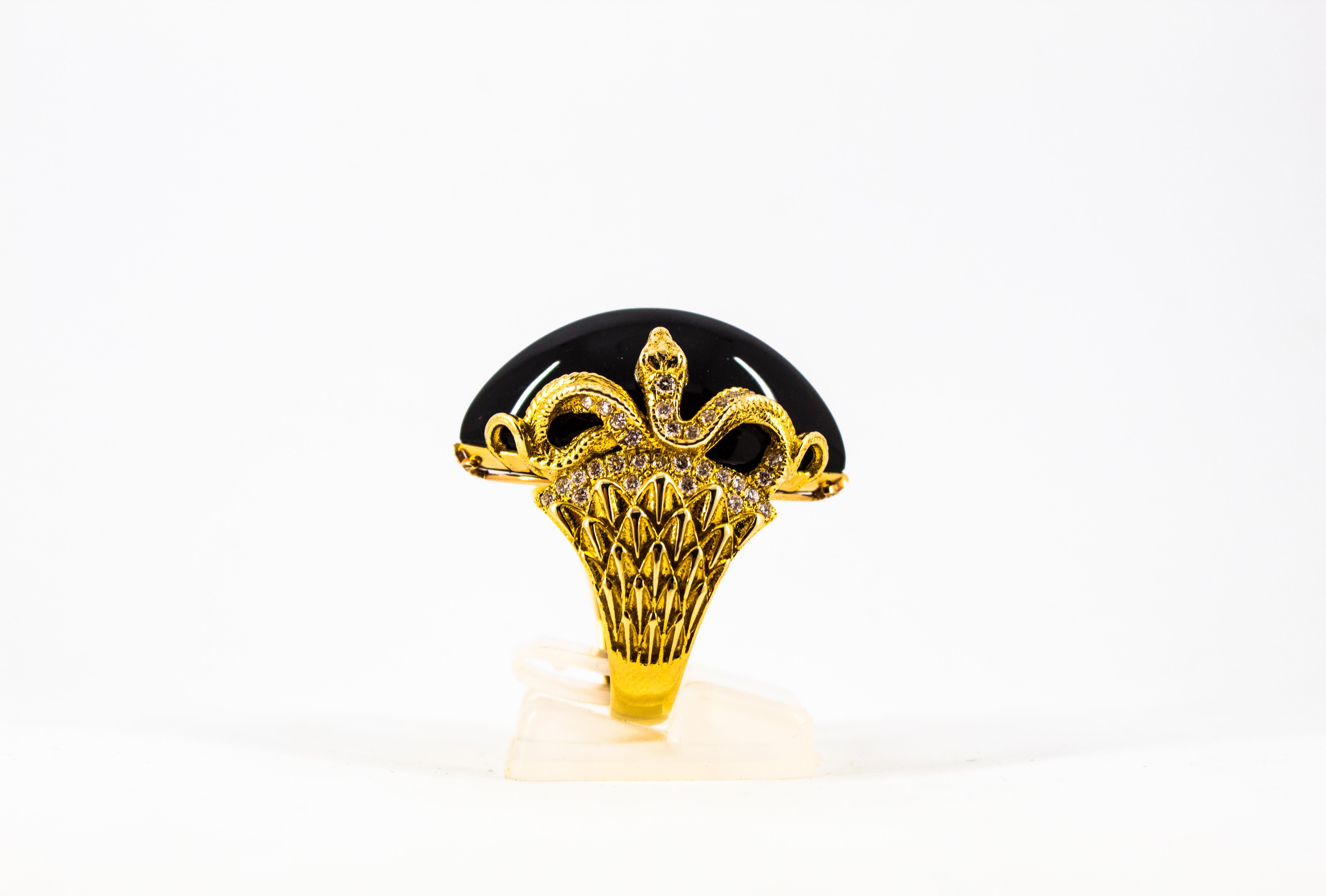 Modern 0.76 Carat White Diamond 36.25 Carat Onyx Yellow Gold Cocktail Snake Ring For Sale 5
