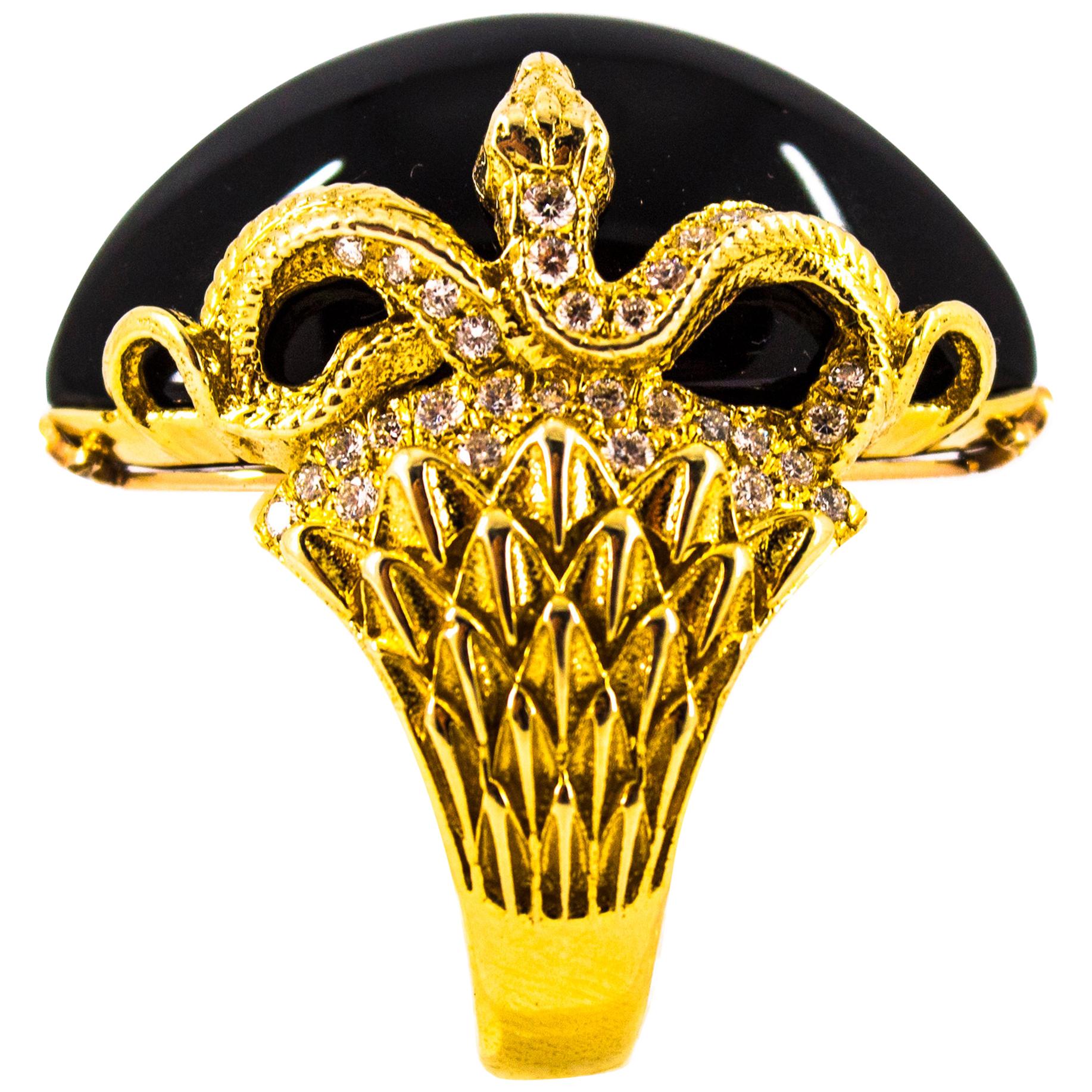 Modern 0.76 Carat White Diamond 36.25 Carat Onyx Yellow Gold Cocktail Snake Ring For Sale