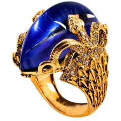 Modern 0.76 Carat White Diamond Lapis Lazuli Yellow Gold Cocktail "Snakes" Ring