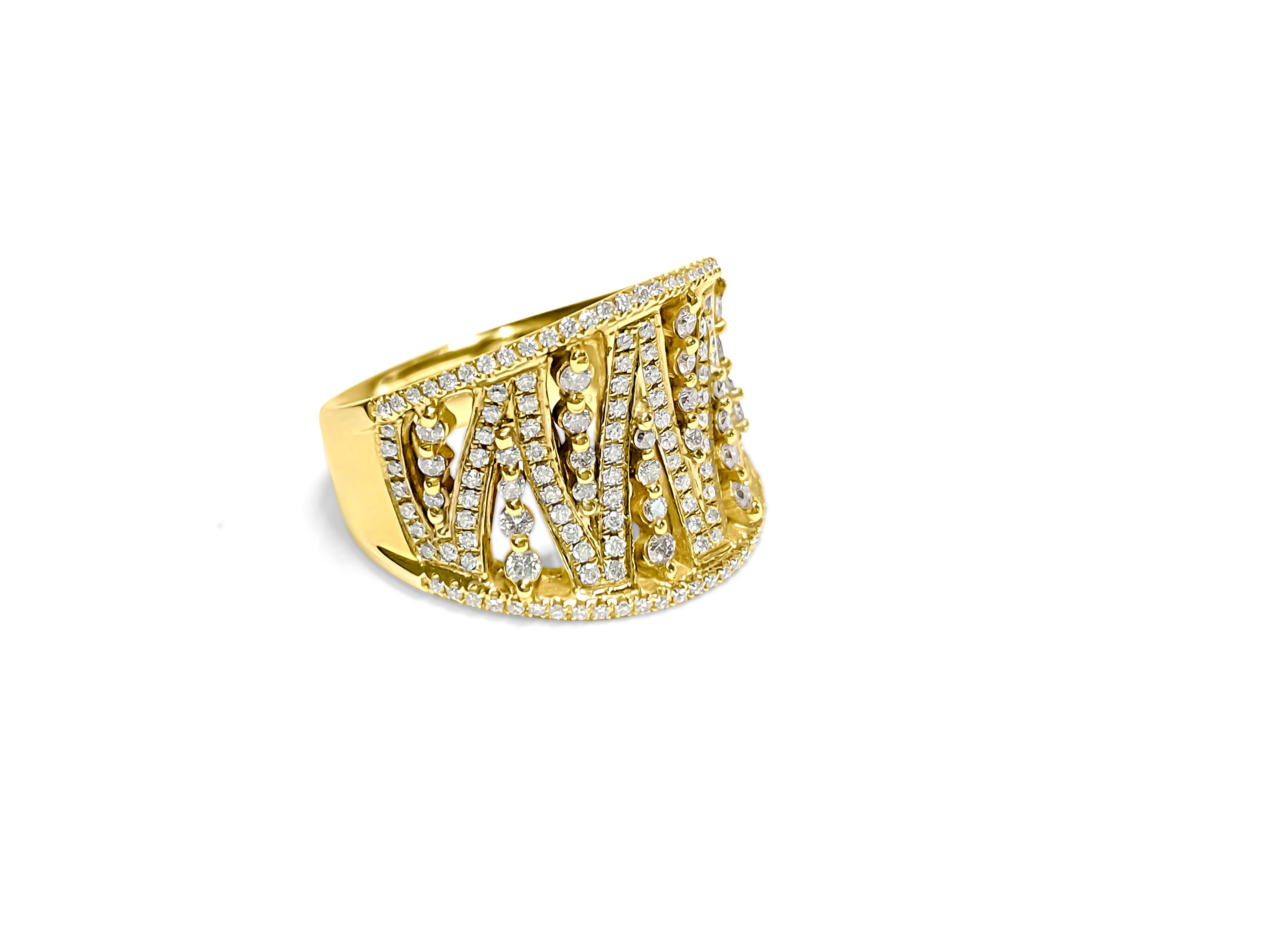 Metal: 18k yellow gold. 
Total carat weight of diamonds: 0.786 carat diamonds. 
VS clarity and G color. 
Round brilliant cut diamonds. 
100% natural earth mined diamonds. 
Ring resizing available
Womens modern diamond gold band.  
