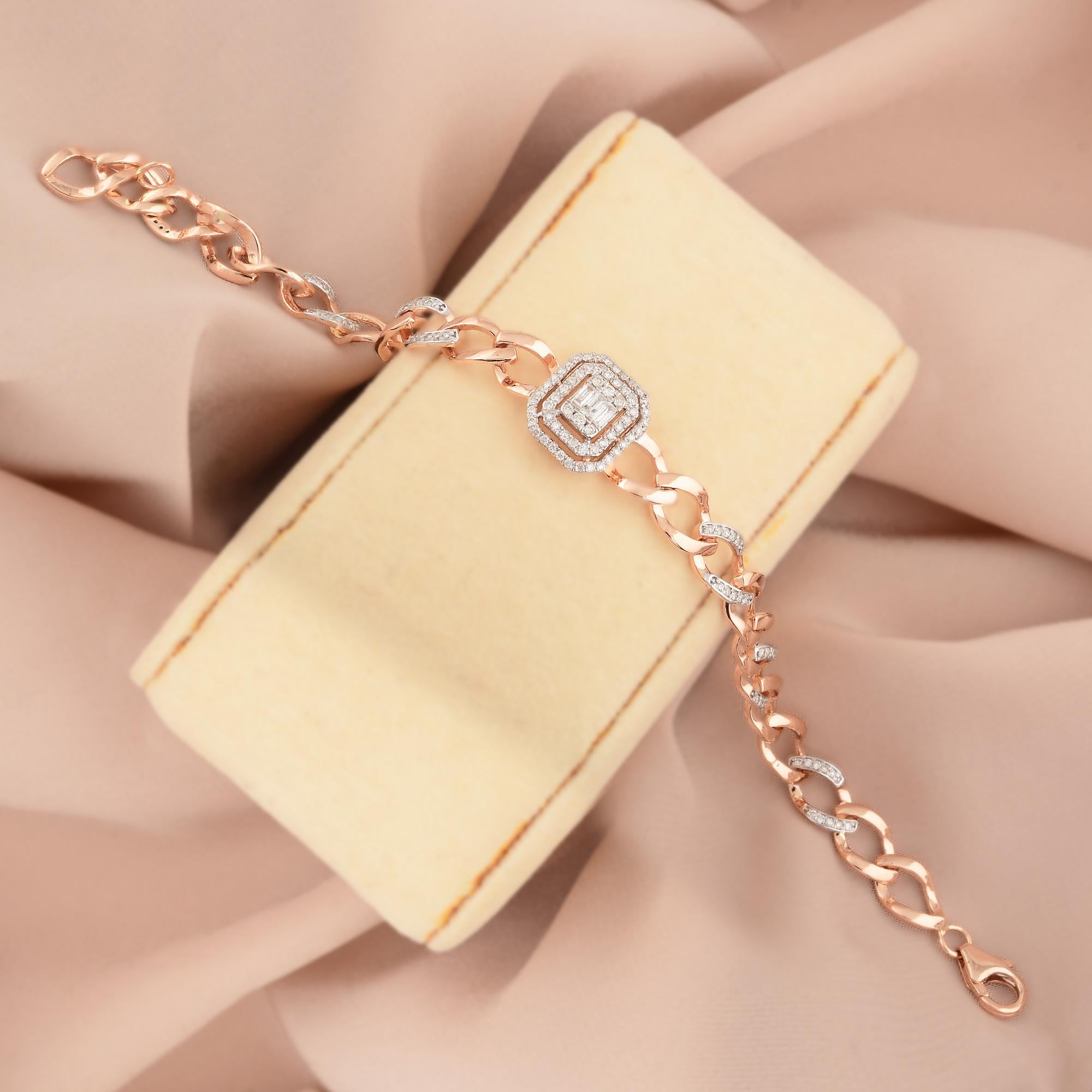 Art Deco Modern 0.80ct Diamond Cluster 18k Rose Gold Link Chain Bracelet Fine Jewelry For Sale