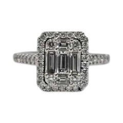 Modern 0.85tcw Baguette & Round Diamond Halo Cluster Ring 14k White Gold