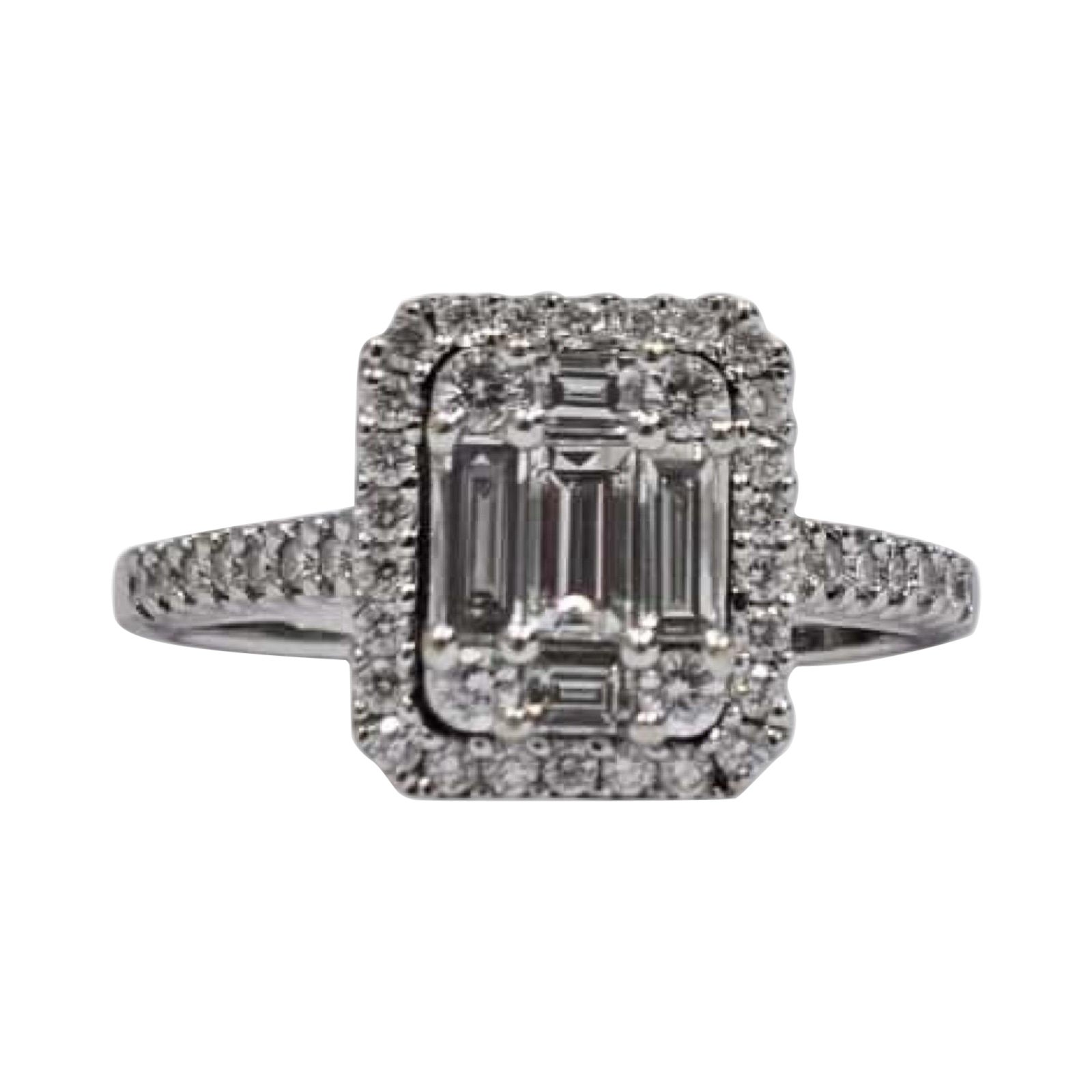 Moderne 0,85tcw Baguette
Runde Diamant Halo Cluster Ring 14k Weißgold