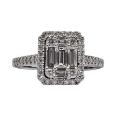 Anello moderno con cluster di diamanti tondi e baguette da 0,85tcw in oro bianco 14k