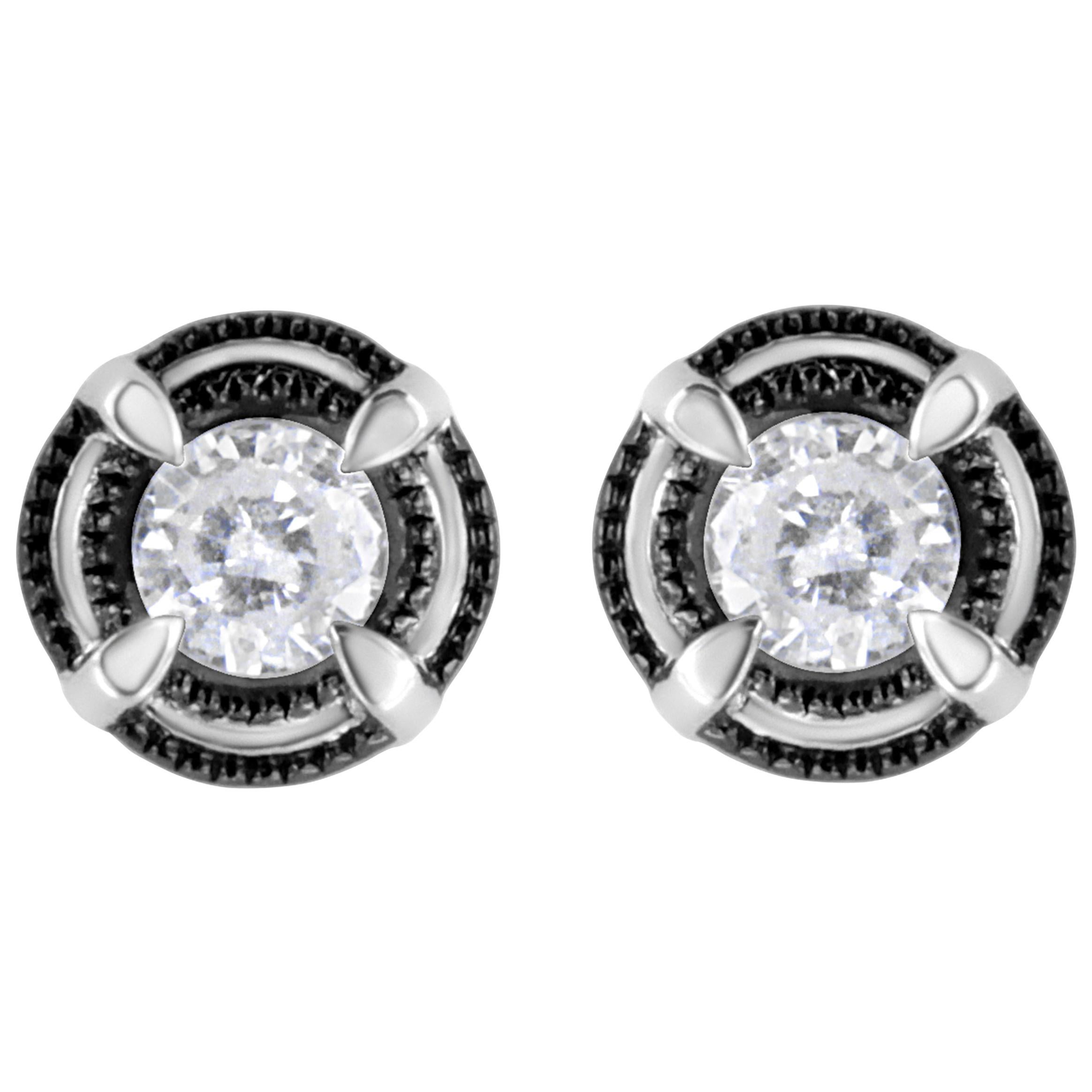 .925 Sterling Silver 1 1/2 Carat Diamond Solitaire Milgrain Stud Earrings