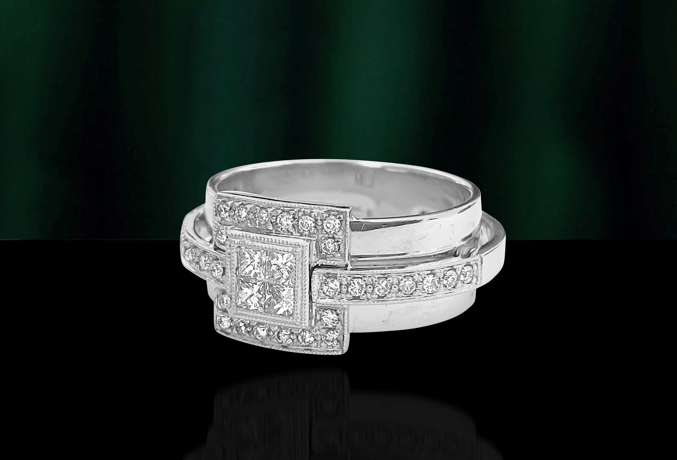 Metal: 14K white gold. 
Diamonds: 1.00ct total. Princess cut and round brilliant cut. VS2 clarity and G color. 100% natural earth mined diamonds. Hallmarks: 14k, 585. 
This is a unique diamond ring as 2 separate bands were soldered in to 1.