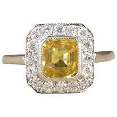 Modern 1.00ct Asscher Cut Yellow Sapphire and Diamond Cluster Ring in Platinum