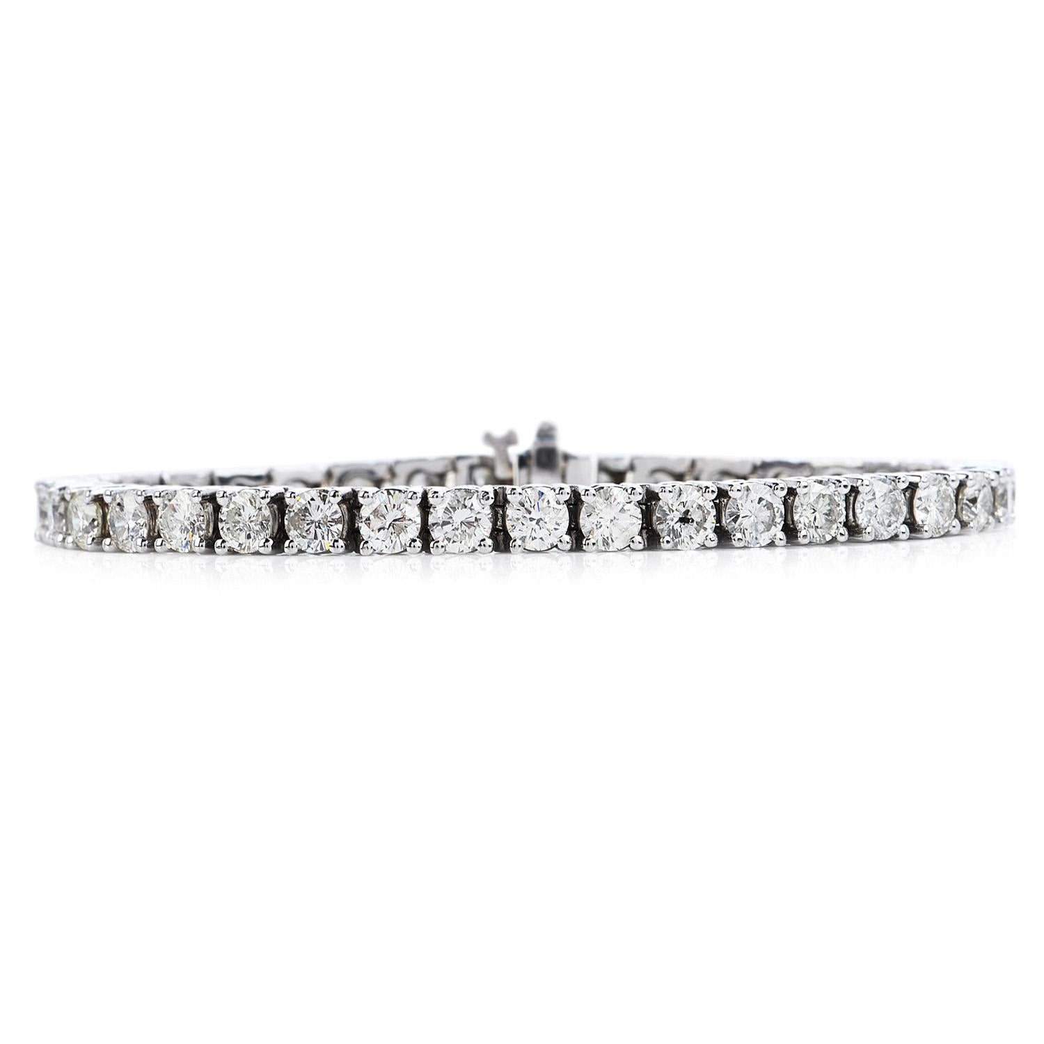 A classic and fashionable piece, the Tennis bracelet is popularly recognized as a high-performance accessory.

Crafted in solid 18K white gold, this bracelet is composed of (38) round-cut diamonds, weighing approximately 10.20-carat H-I color and