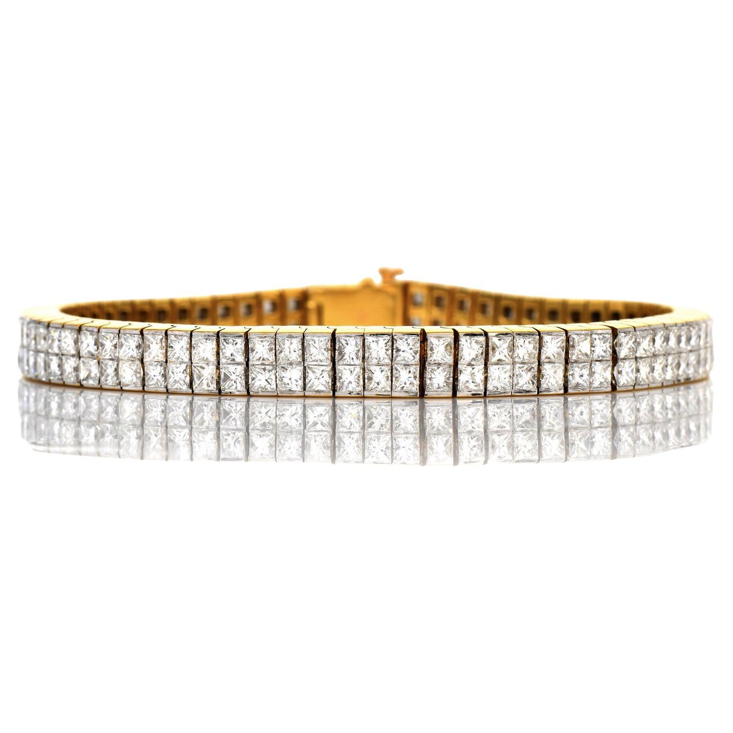Modern 10.50 Carats Princess Cut Diamond 18K Yellow Gold Tennis Link Bracelet