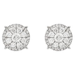Modern 1.10 Carat Round Diamond Cluster Disk Stud Earrings in 18K White Gold
