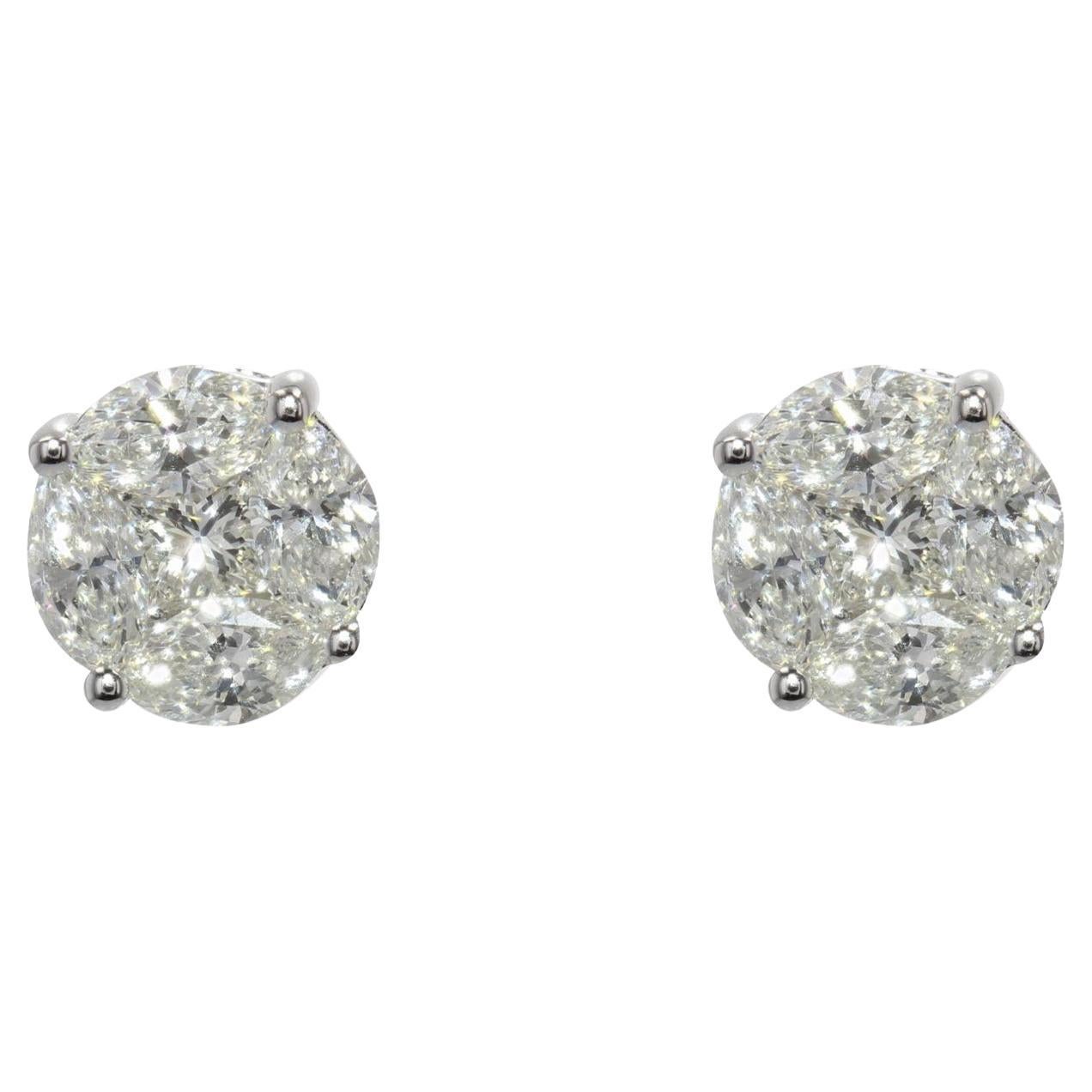 Clous d'oreilles modernes en or blanc 18 carats avec diamants de 1,13 carat