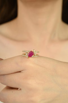 Modern 1.14 Ct Octagon Ruby and Diamond Band Ring in 14k Gold Leaf Motif Design