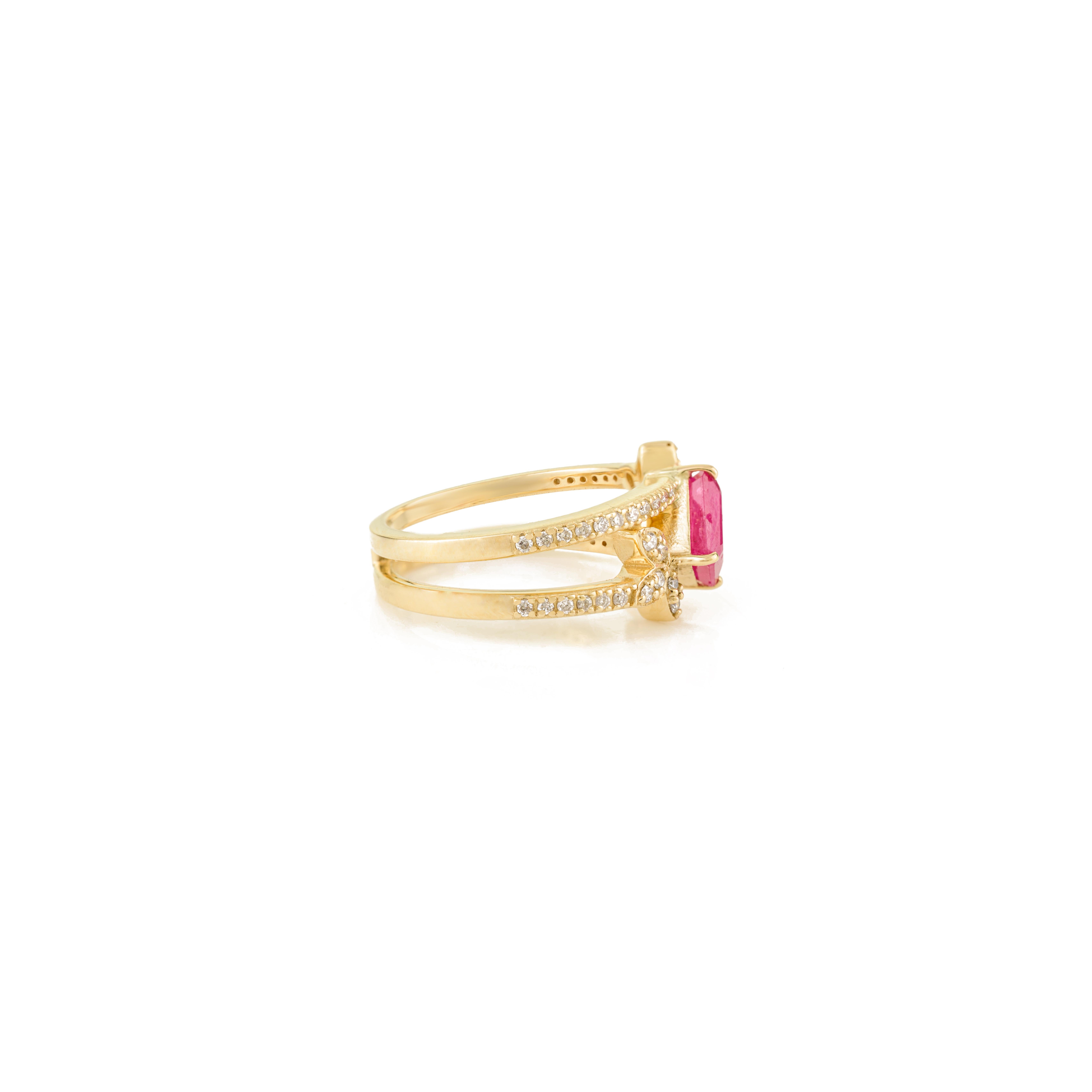 En vente :  By Design Modern 1.14 Ct Octagon Ruby and Diamond Band Ring in 14k Gold Leaf Motif Design 3