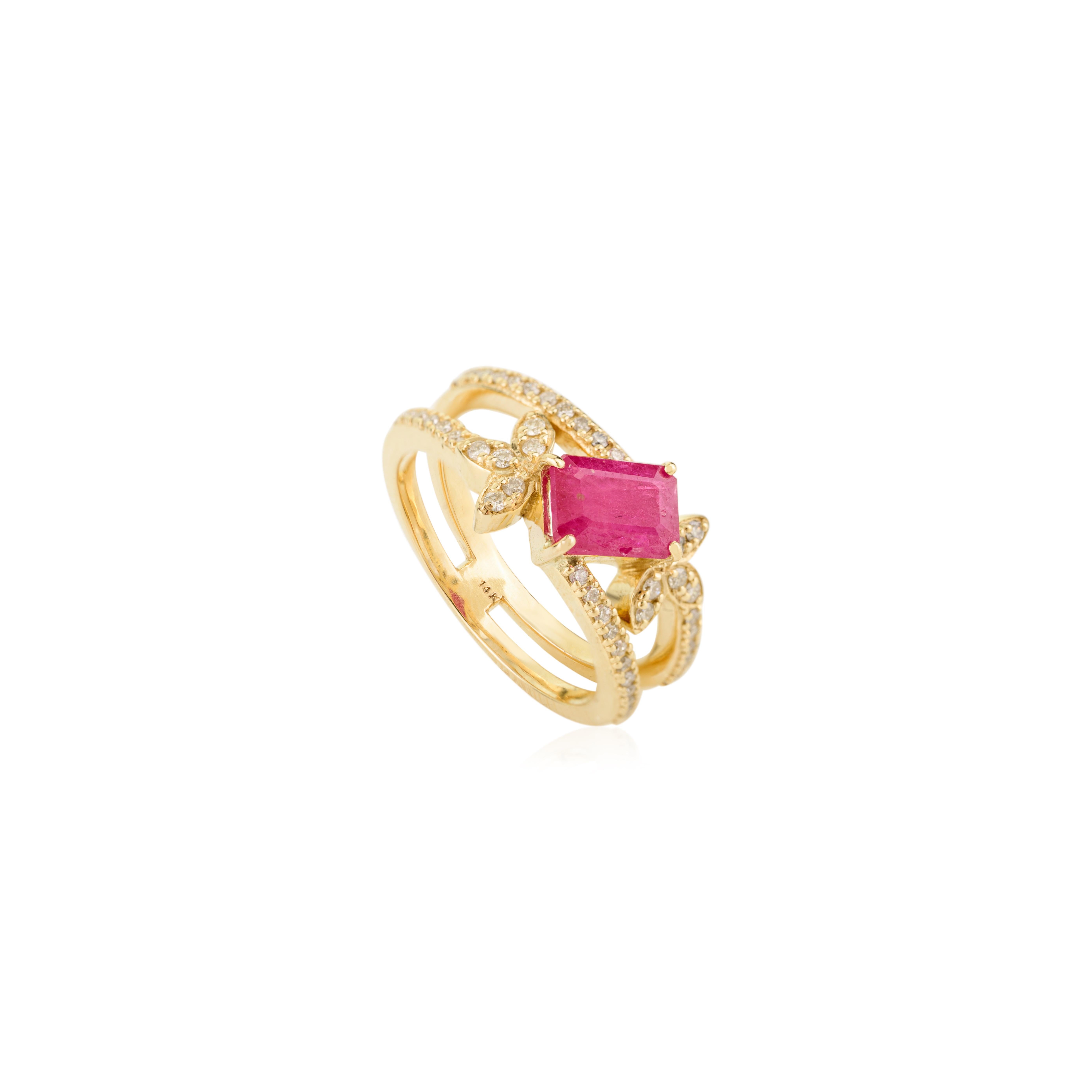 En vente :  By Design Modern 1.14 Ct Octagon Ruby and Diamond Band Ring in 14k Gold Leaf Motif Design 7