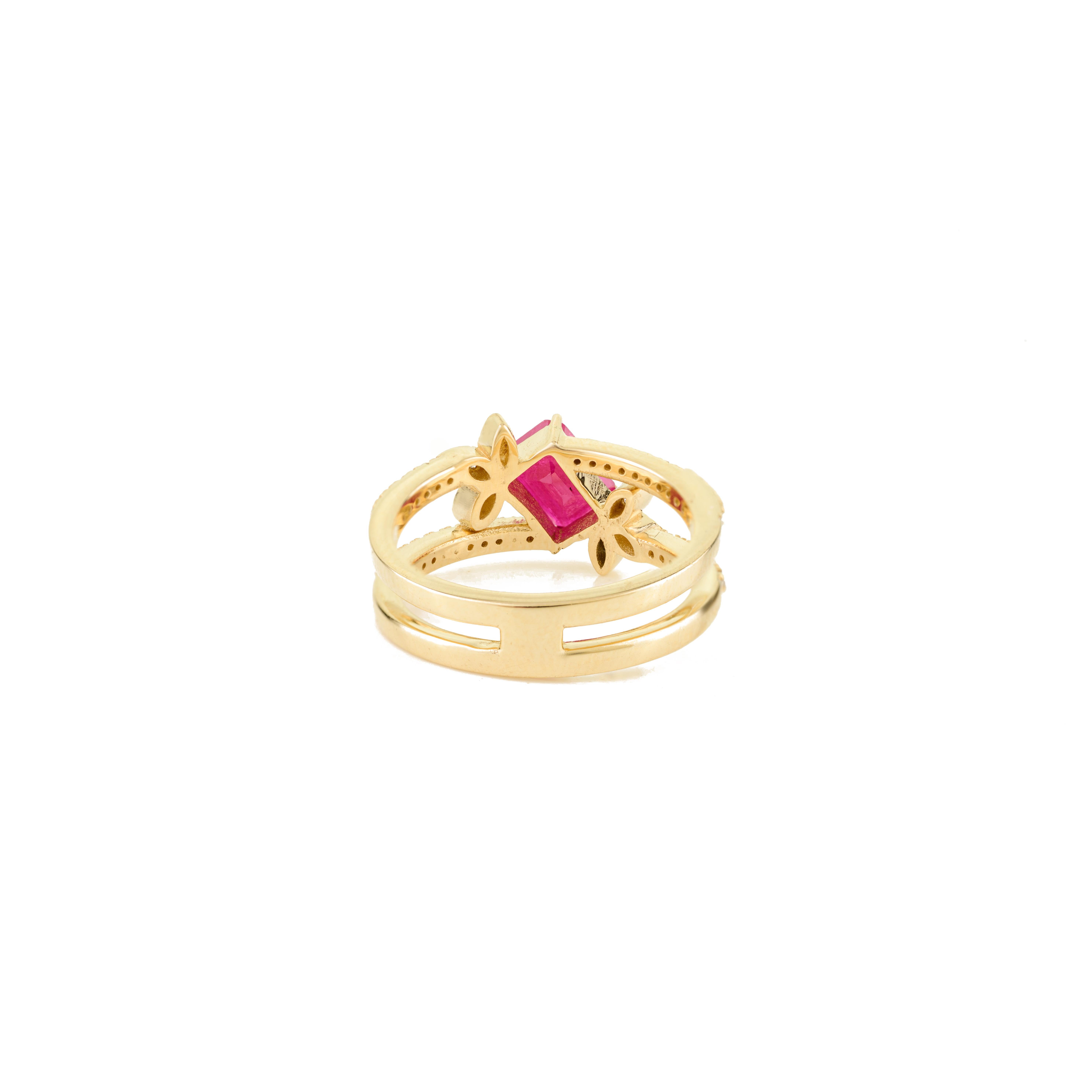En vente :  By Design Modern 1.14 Ct Octagon Ruby and Diamond Band Ring in 14k Gold Leaf Motif Design 9