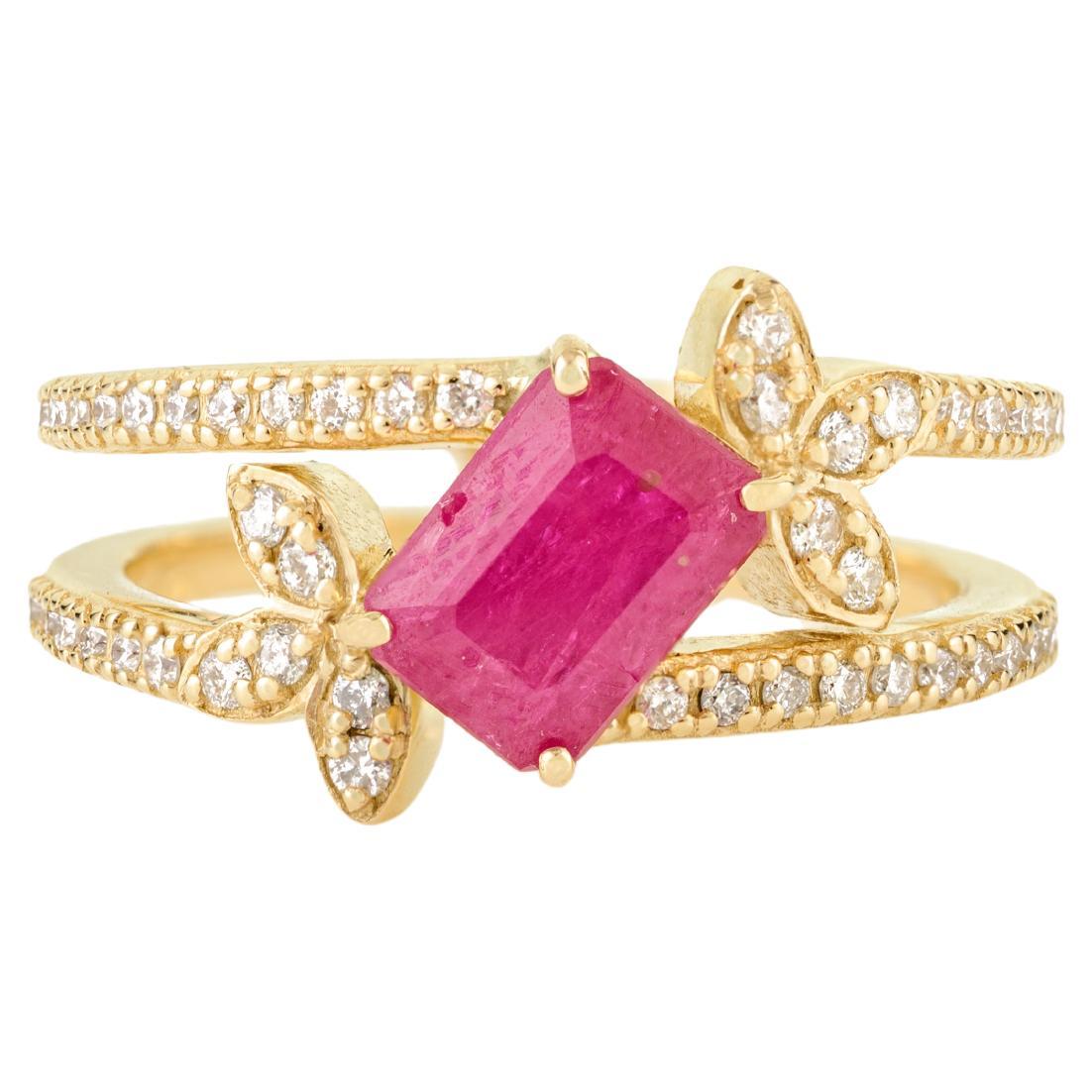 By Design Modern 1.14 Ct Octagon Ruby and Diamond Band Ring in 14k Gold Leaf Motif Design